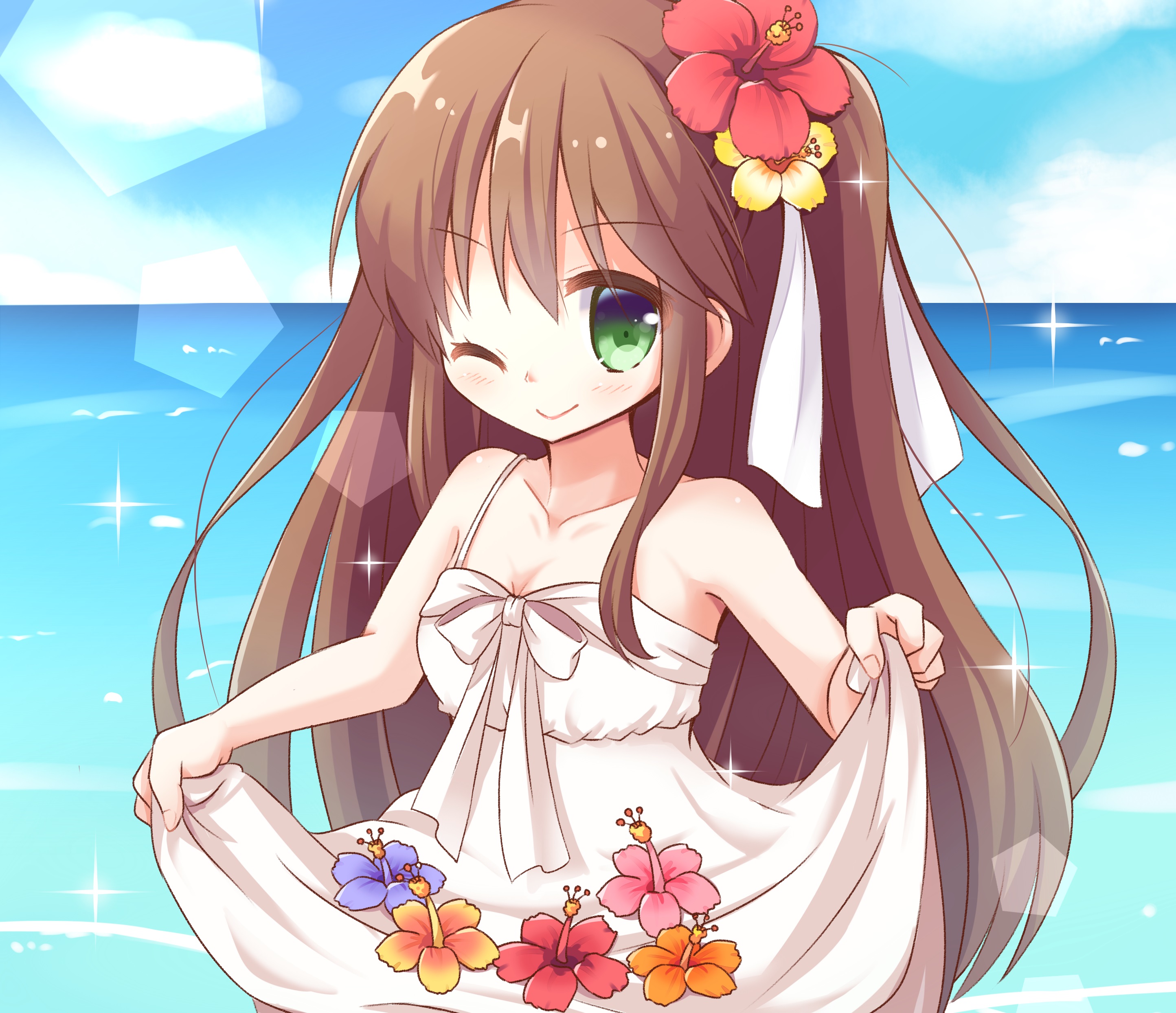 Download mobile wallpaper Anime, Flower, Smile, Green Eyes, Wink, Original, Blush, Long Hair, Brown Hair for free.