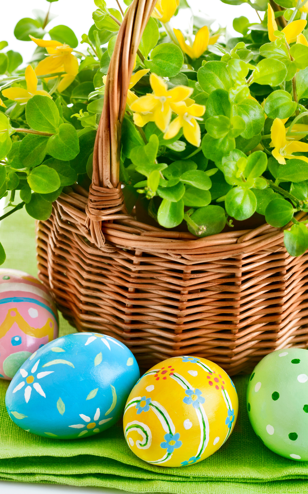 Handy-Wallpaper Feiertage, Ostern, Blume, Farben, Korb, Ei, Hühnerei, Osterei kostenlos herunterladen.