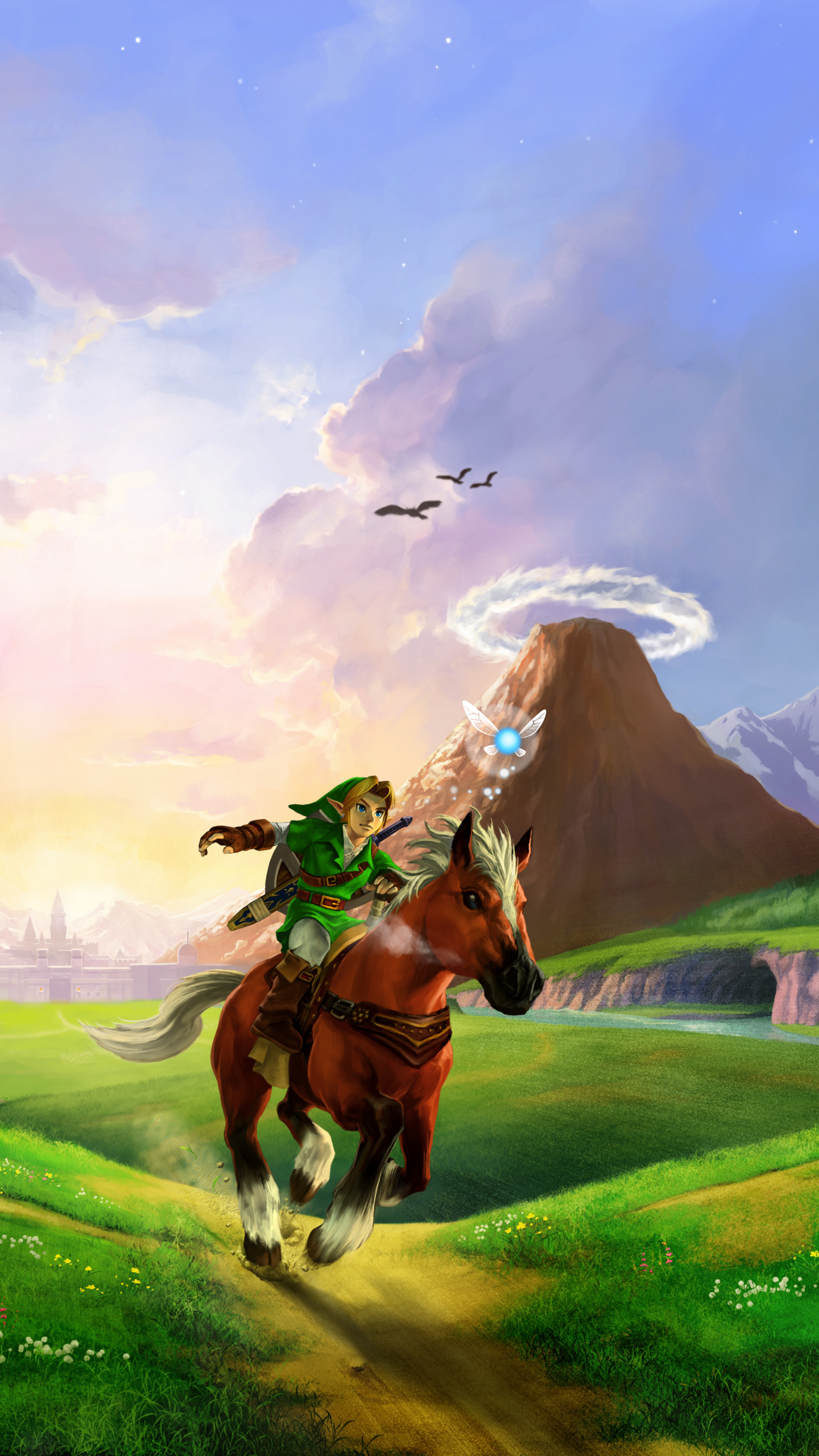 Baixe gratuitamente a imagem Grama, Céu, Montanha, Pássaro, Cavalo, Link, Videogame, Zelda, The Legend Of Zelda: Ocarina Of Time na área de trabalho do seu PC