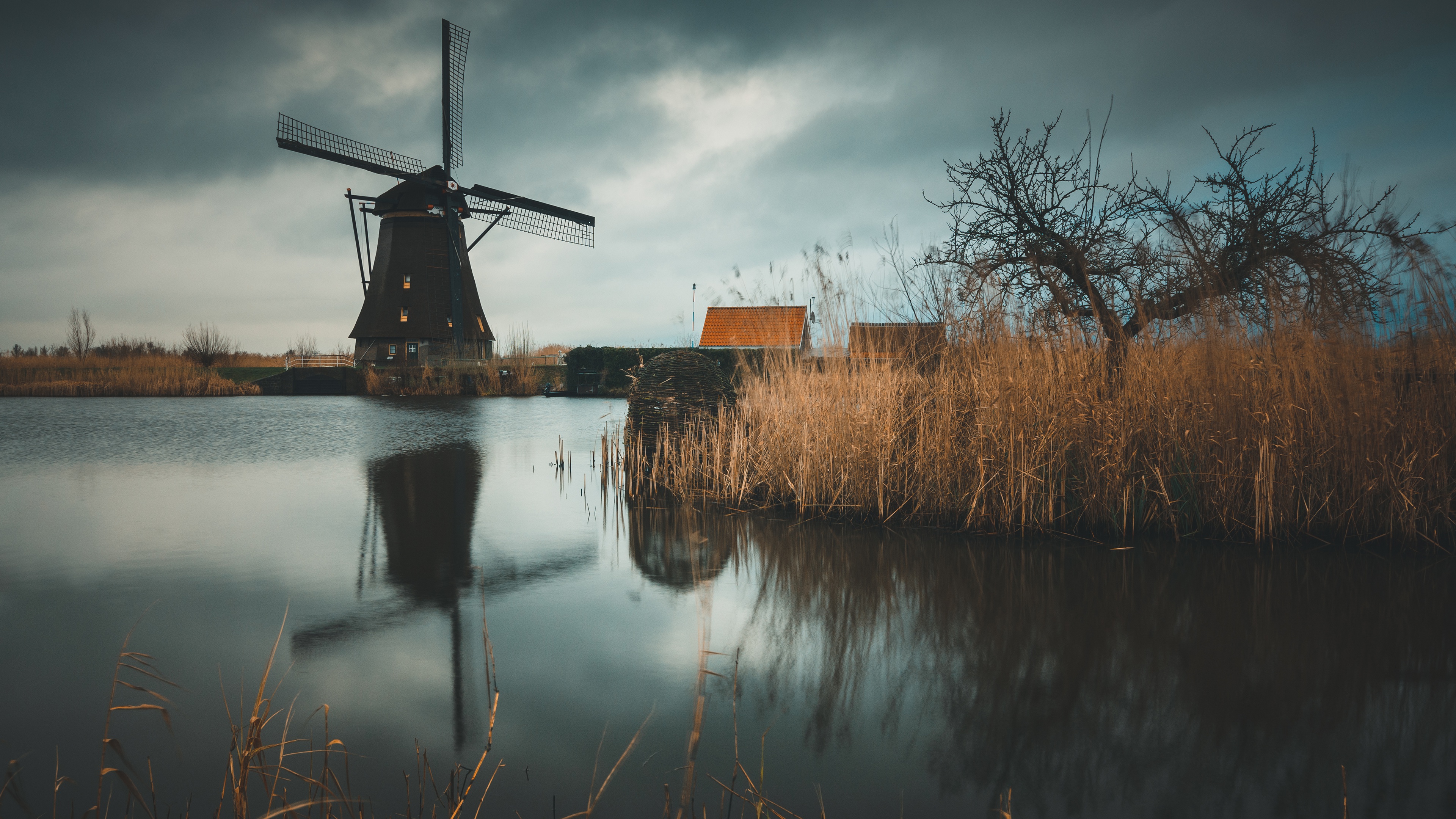 Free download wallpaper Building, Reflection, Windmill, Man Made on your PC desktop