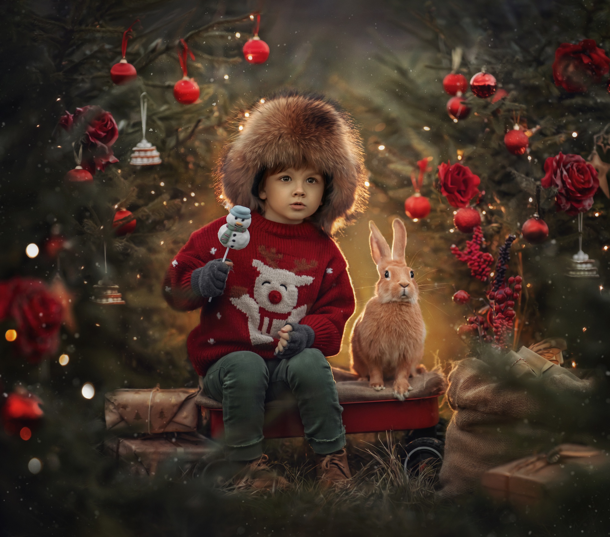 Скачать обои бесплатно Ребенок, Кролик, Рождественская Елка, Фотографии картинка на рабочий стол ПК