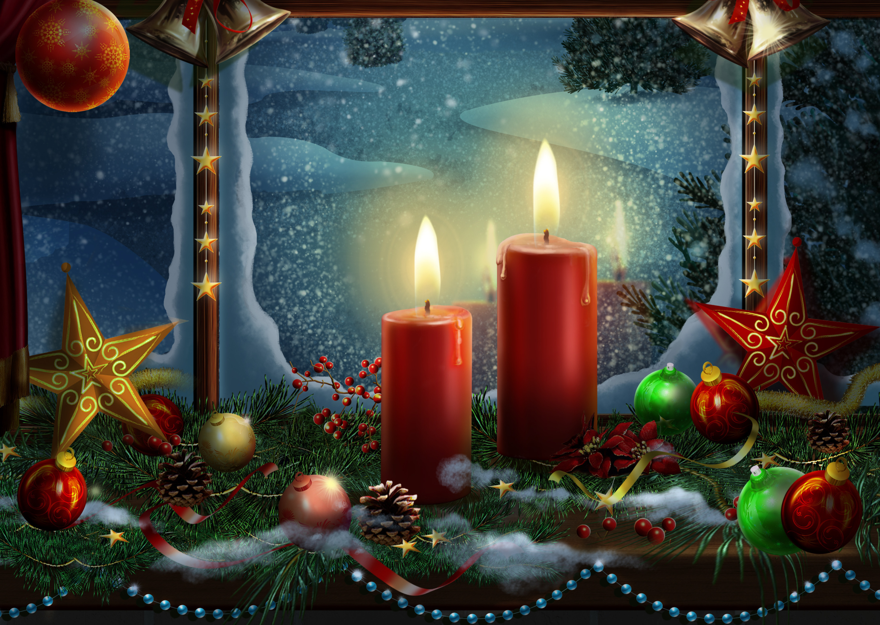 Handy-Wallpaper Feiertage, Schnee, Weihnachten, Fenster, Weihnachtsschmuck, Kerze, Stern kostenlos herunterladen.