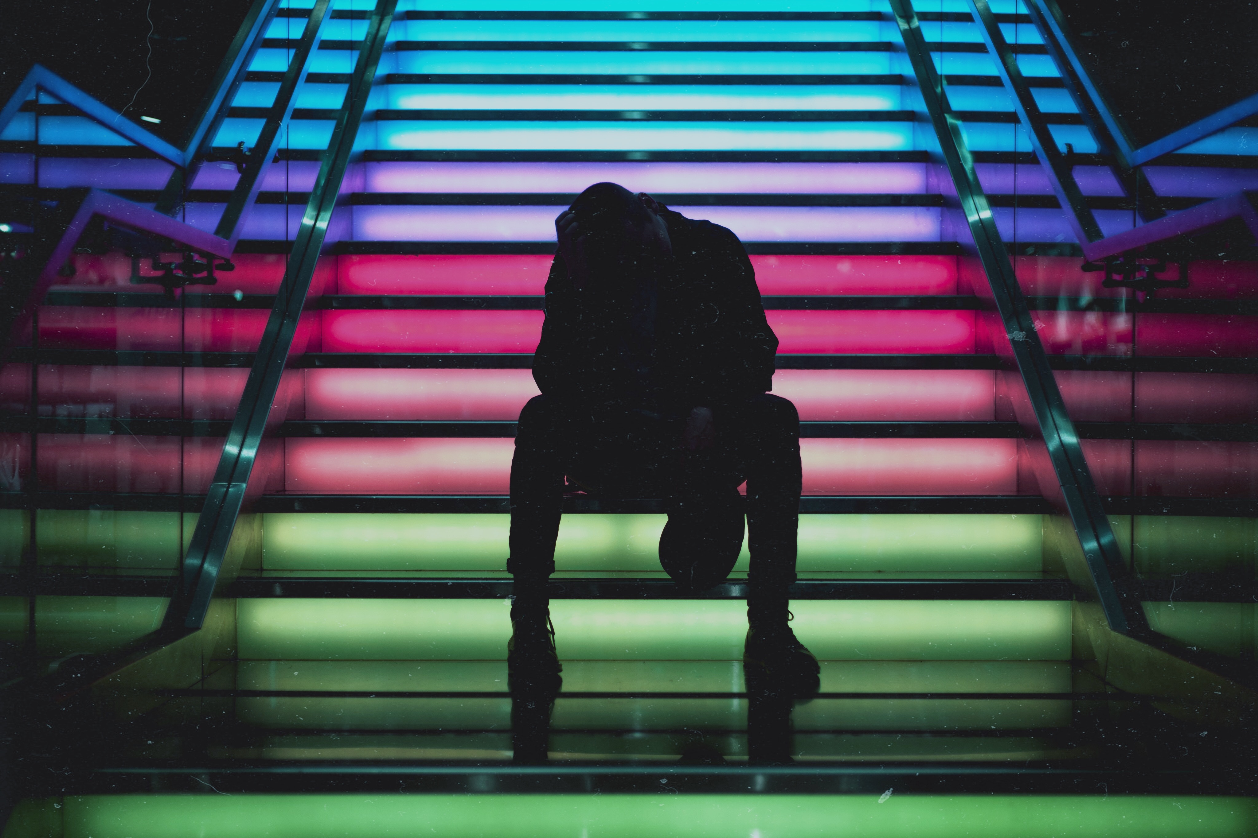 Free download wallpaper Ladder, Motley, Human, Stairs, Person, Multicolored, Dark on your PC desktop