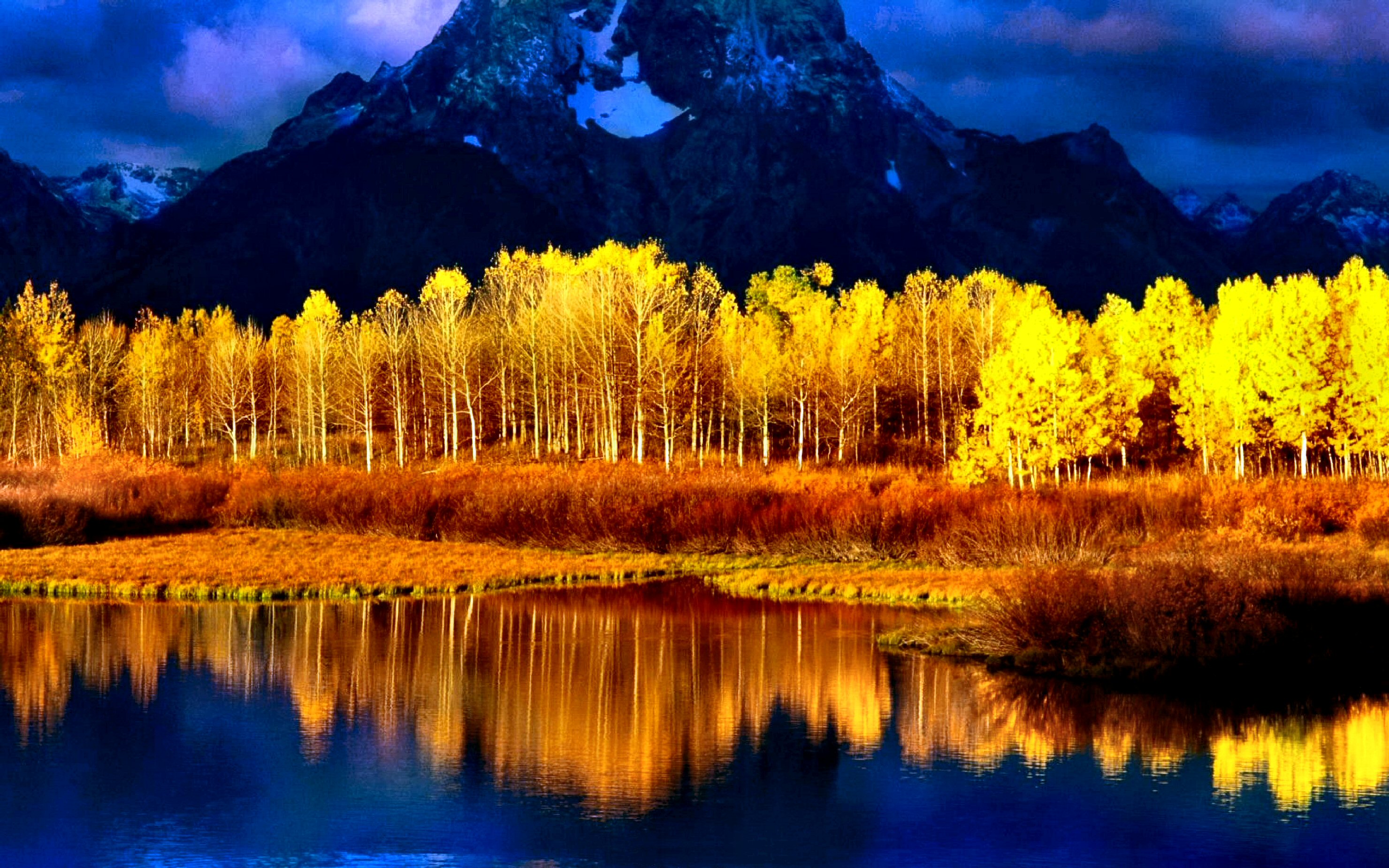 1466920 скачать обои желтый, земля/природа, отражение, синий, падать, озеро, живописный, дерево - заставки и картинки бесплатно