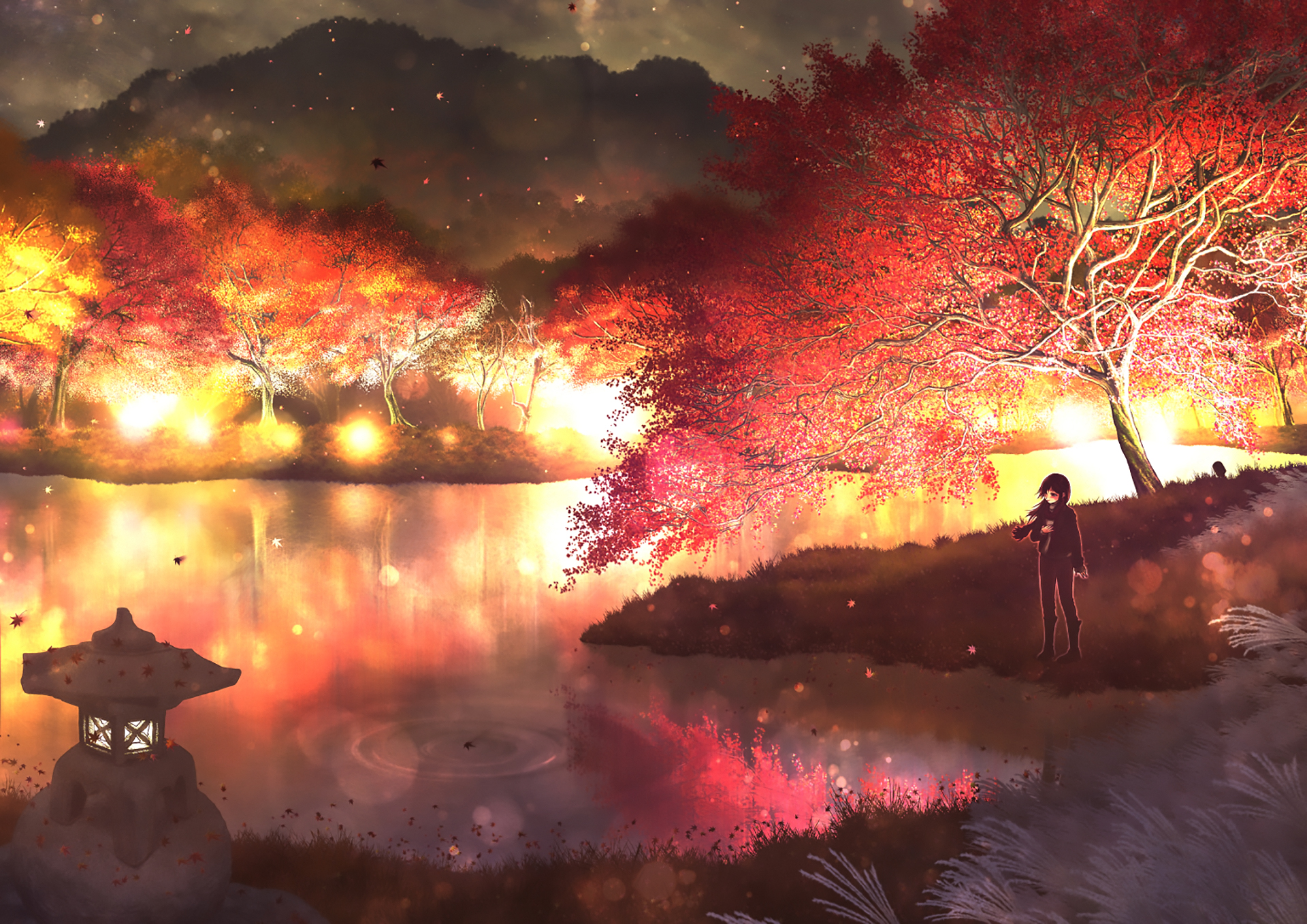 Скачать обои бесплатно Аниме, Осень, Ночь, Дерево, Оригинал картинка на рабочий стол ПК
