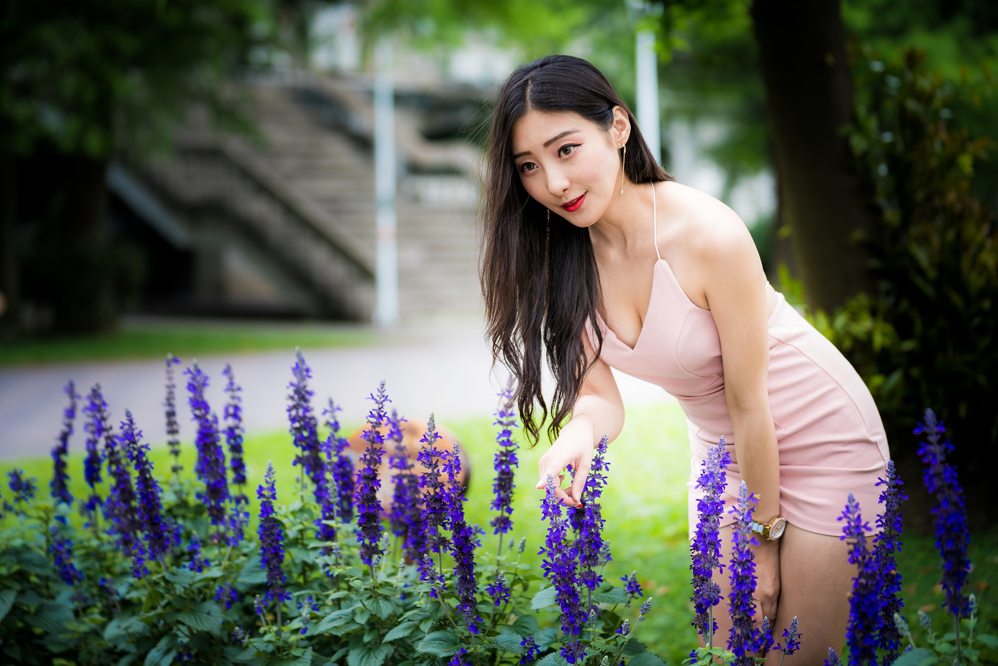 Free download wallpaper Flower, Brunette, Model, Women, Asian, Long Hair, Lipstick, Depth Of Field, Pink Dress on your PC desktop