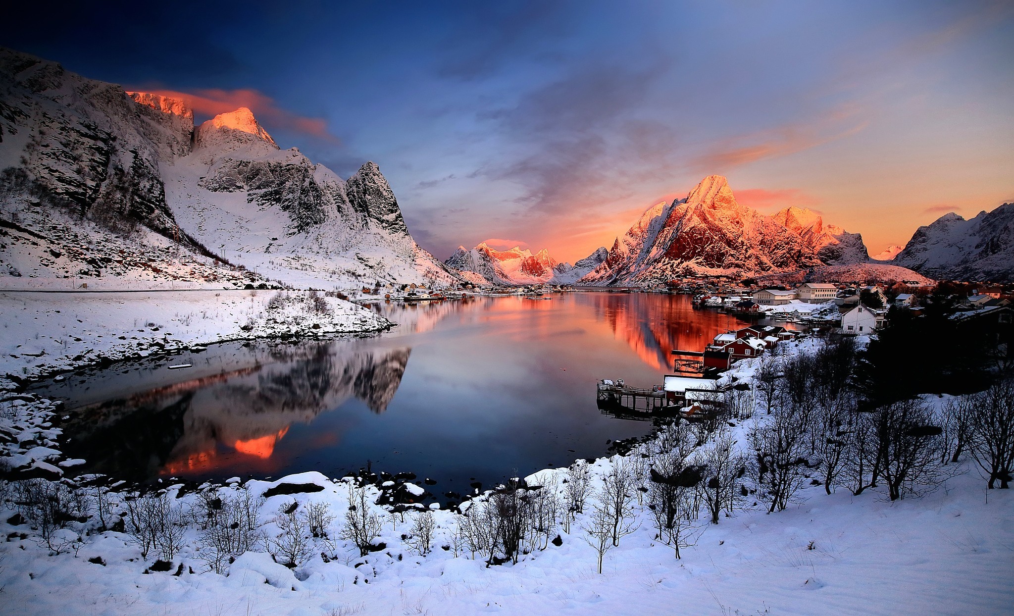 Download mobile wallpaper Winter, Snow, Mountain, Lake, House, Earth, Village, Photography for free.