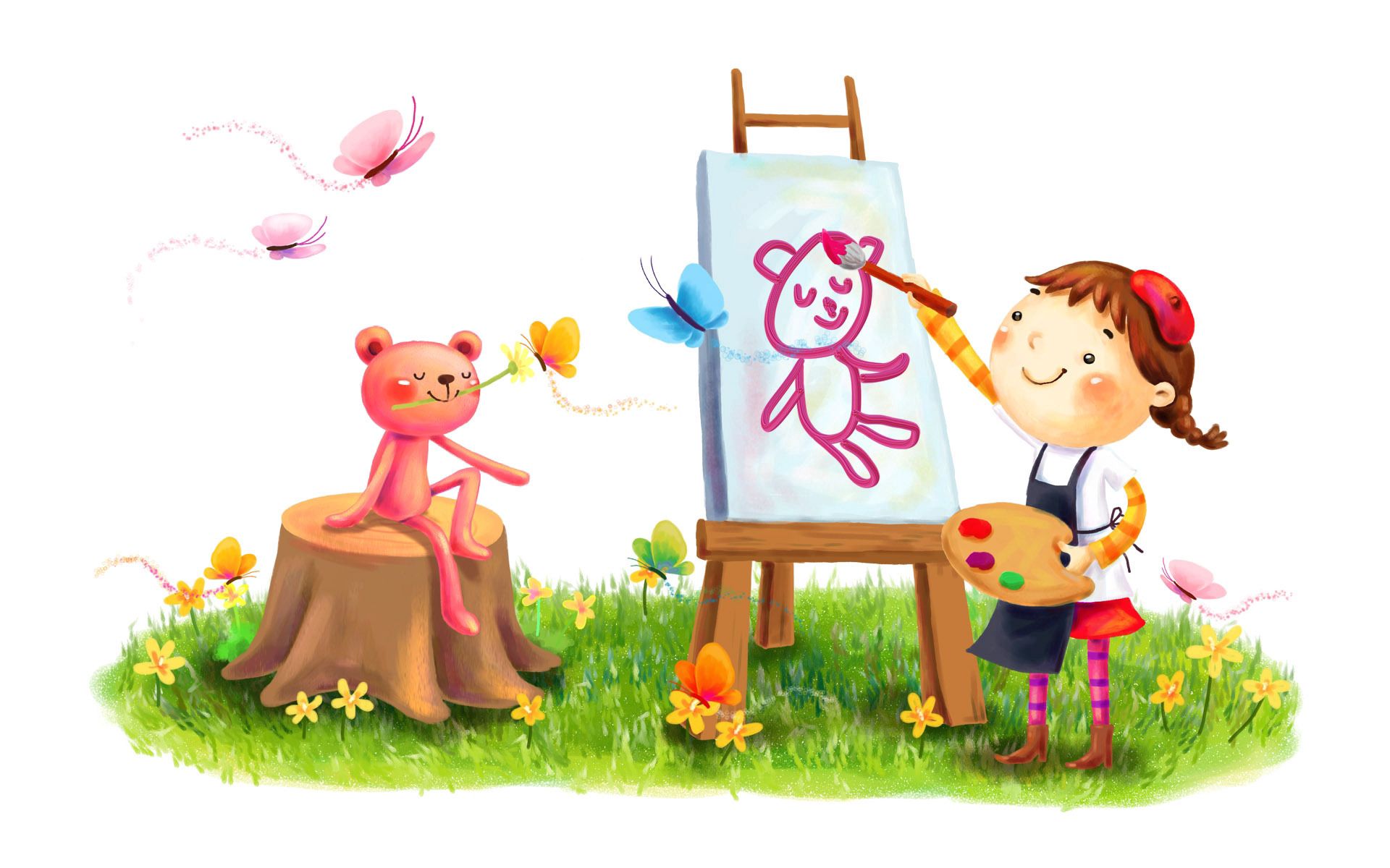 butterflies, flowers, summer, miscellanea, miscellaneous, picture, drawing, smile, girl, animal, beast, lawn, painting, paints, brush