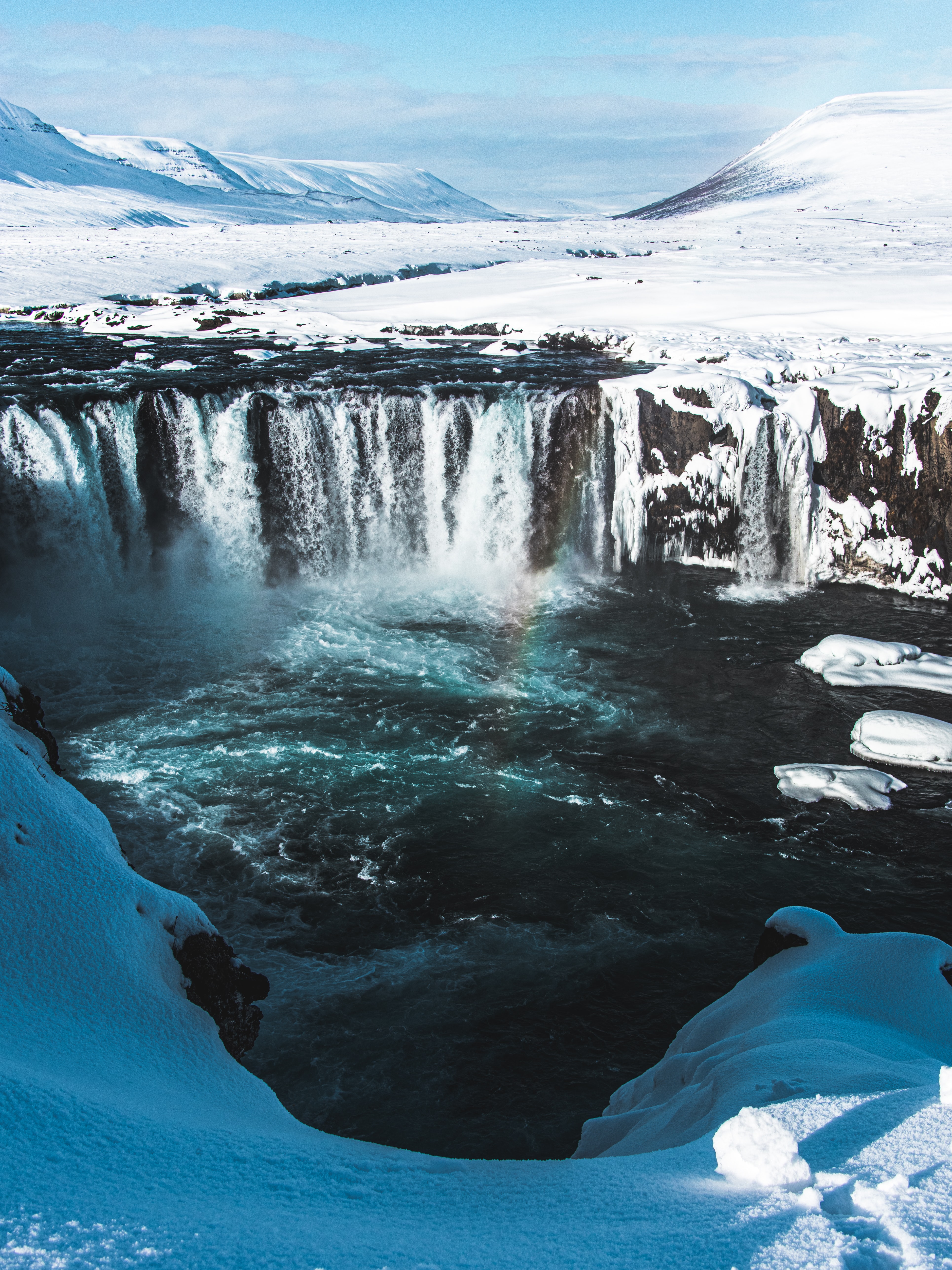 android waterfall, landscape, nature, water, snow, view from above