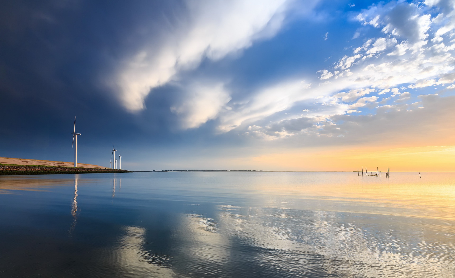 Download mobile wallpaper Nature, Sky, Horizon, Reflection, Coast, Ocean, Cloud, Photography, Wind Turbine for free.