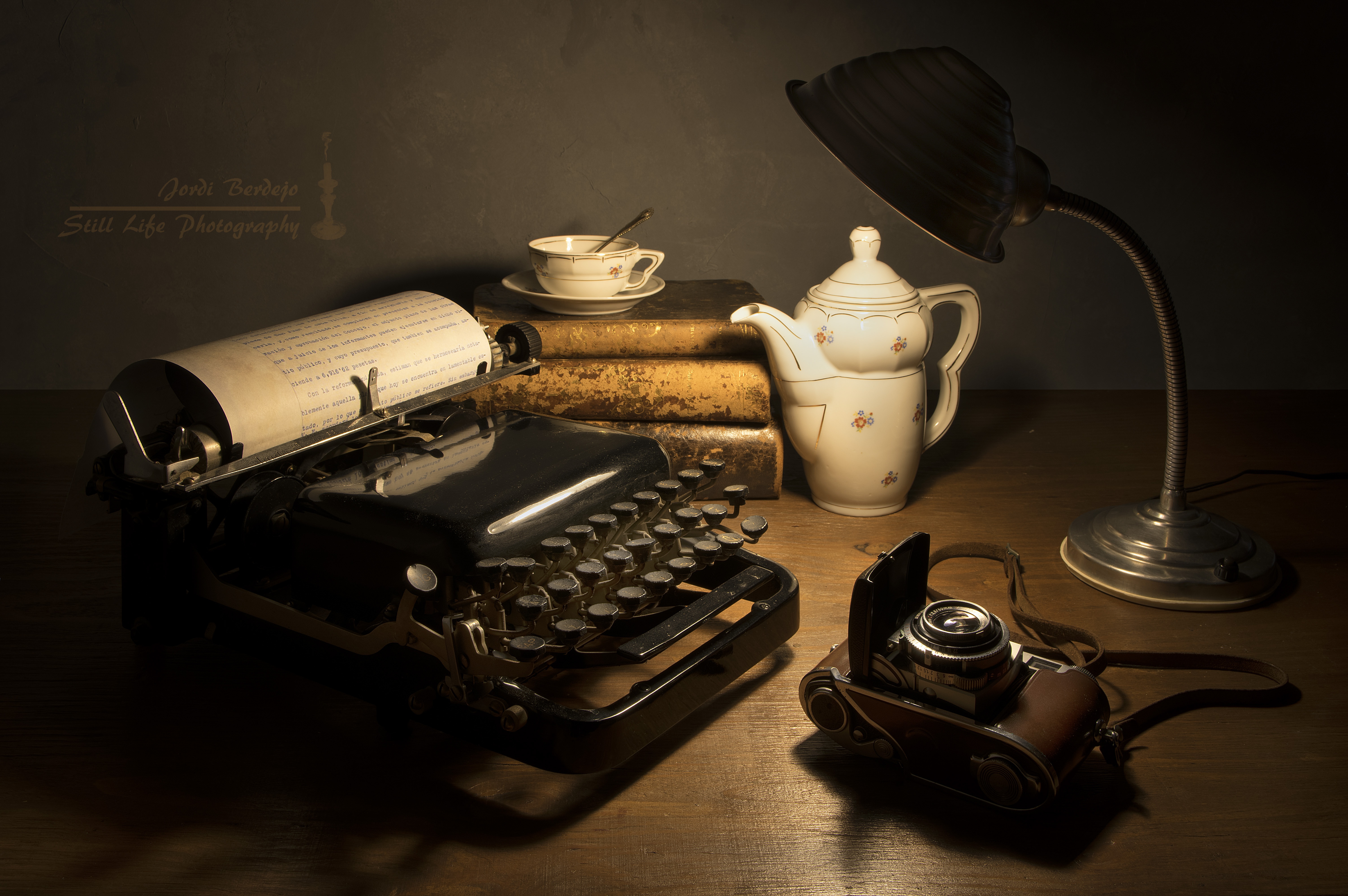 typewriter, photography, still life, camera, cup, lamp, teapot
