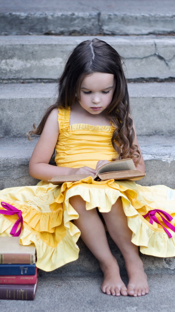 Download mobile wallpaper Stairs, Book, Child, Brunette, Photography, Yellow Dress, Little Girl for free.