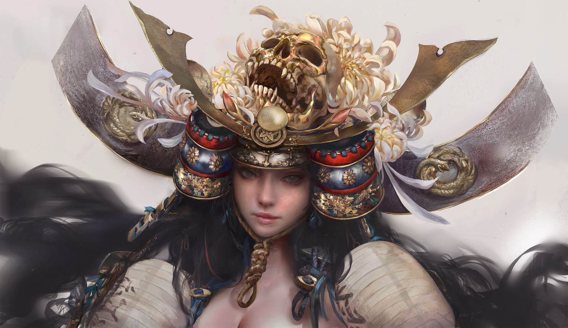 Download mobile wallpaper Fantasy, Helmet, Samurai, Skull, Long Hair, Woman Warrior for free.