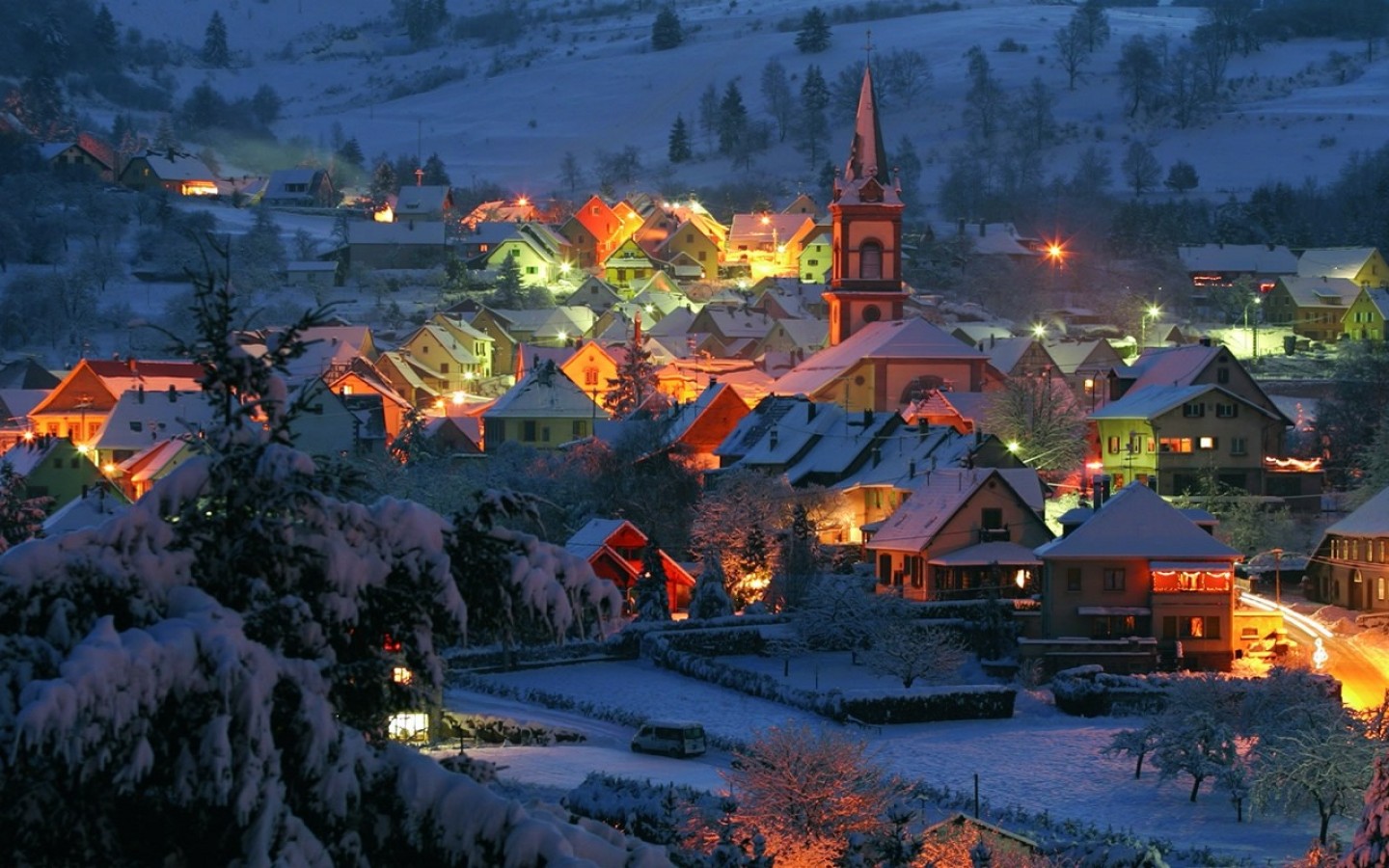 Free download wallpaper Landscape, Winter, Snow, Light, House, Village, Church, Man Made on your PC desktop