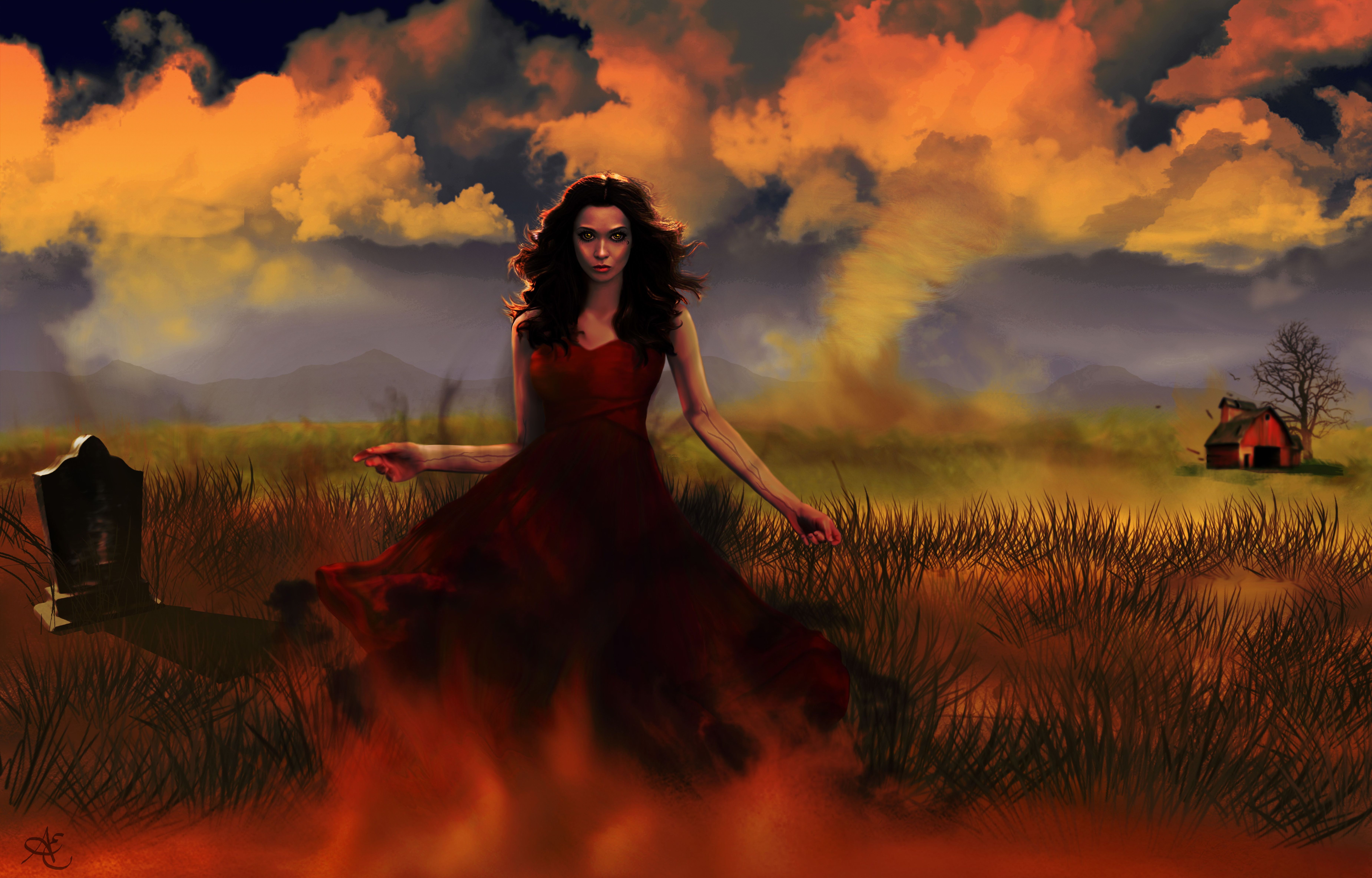 Download mobile wallpaper Fantasy, Field, Vampire, Red Dress for free.