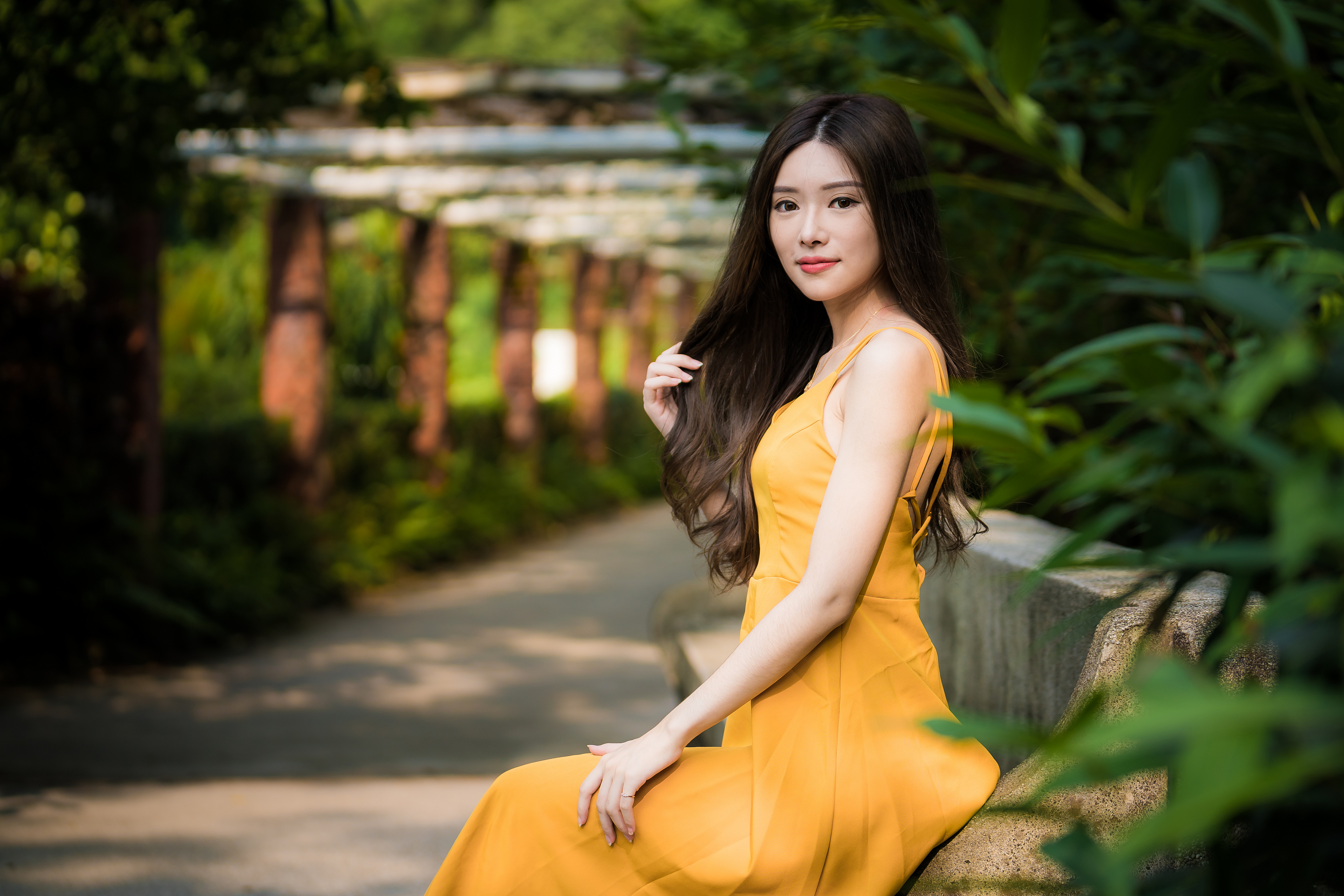 Download mobile wallpaper Model, Women, Yellow Dress, Asian, Black Hair, Depth Of Field for free.