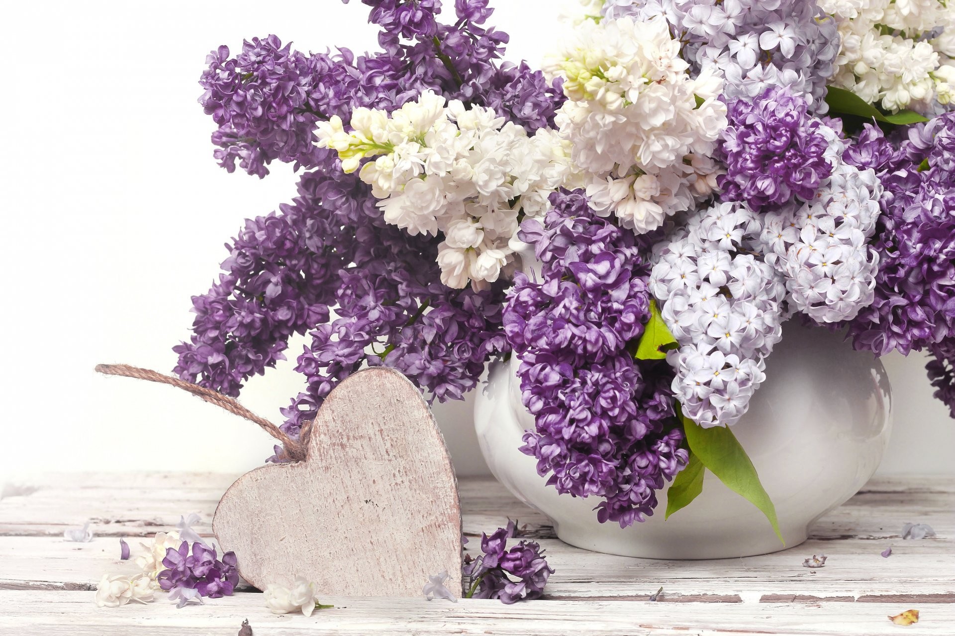 Download mobile wallpaper Lilac, Still Life, Vase, Heart, Photography, White Flower, Purple Flower for free.