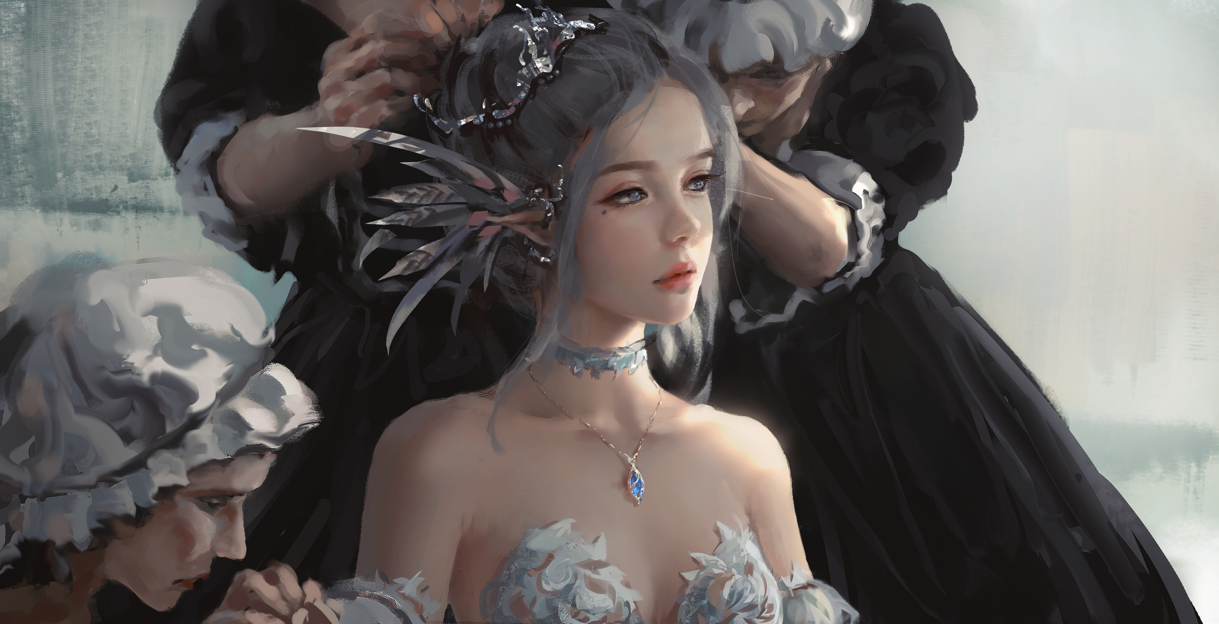 Download mobile wallpaper Fantasy, Elf, Blue Eyes, Necklace, Pointed Ears, Grey Hair for free.