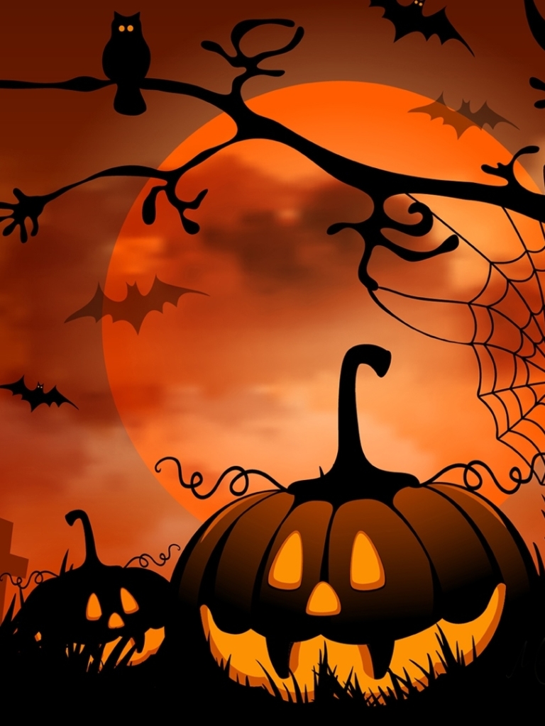 Download mobile wallpaper Halloween, Moon, Tree, Holiday, Jack O' Lantern for free.
