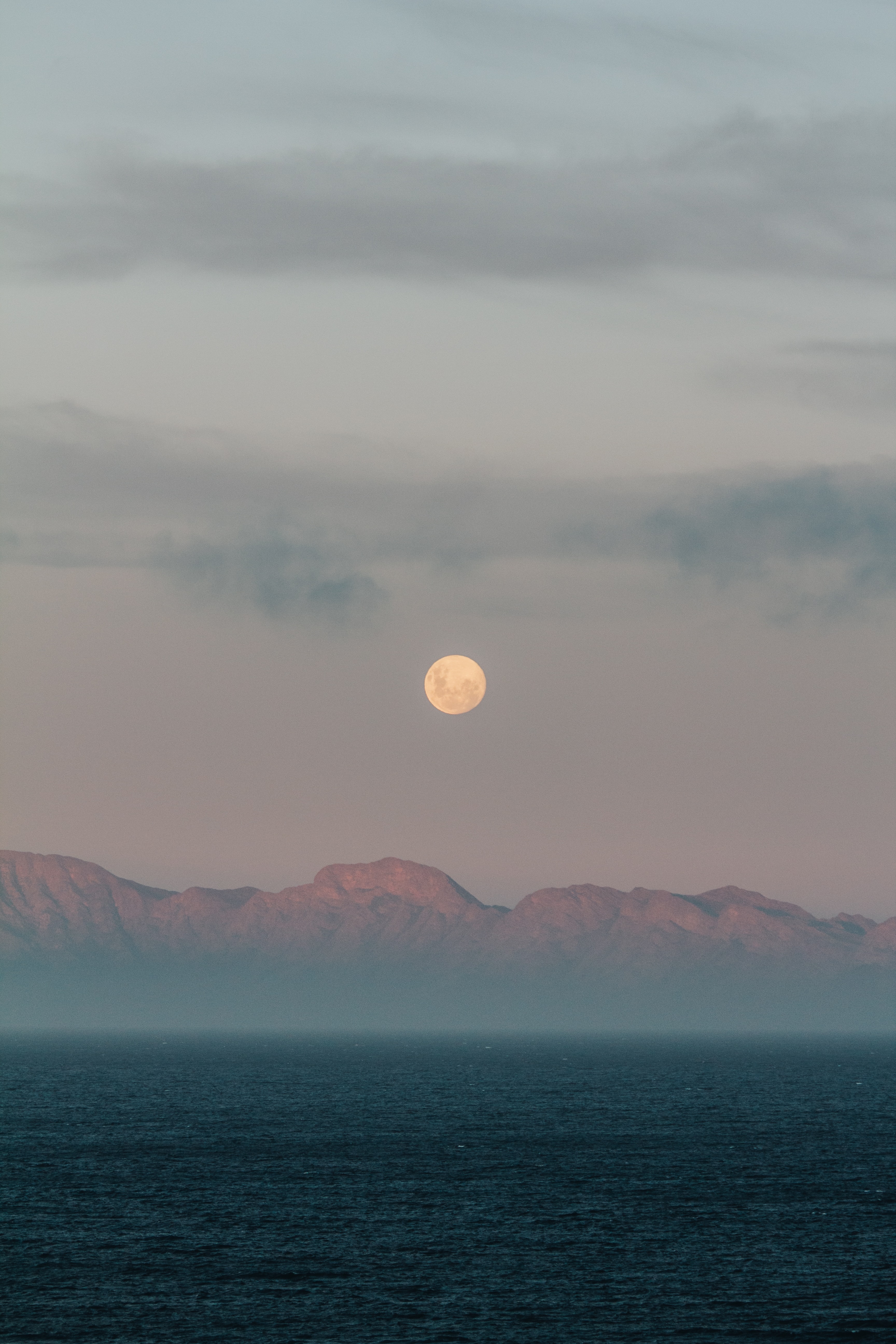 Free download wallpaper Mountains, Sea, Evening, Fog, Nature, Moon on your PC desktop