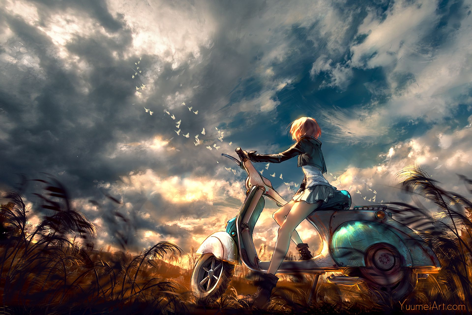 Скачать картинку Аниме, Небо, Облака, Мотоцикл, Оригинал в телефон бесплатно.