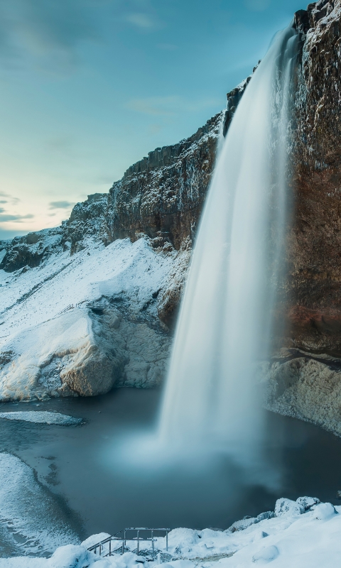 Download mobile wallpaper Winter, Nature, Waterfalls, Snow, Waterfall, Earth, Seljalandsfoss for free.