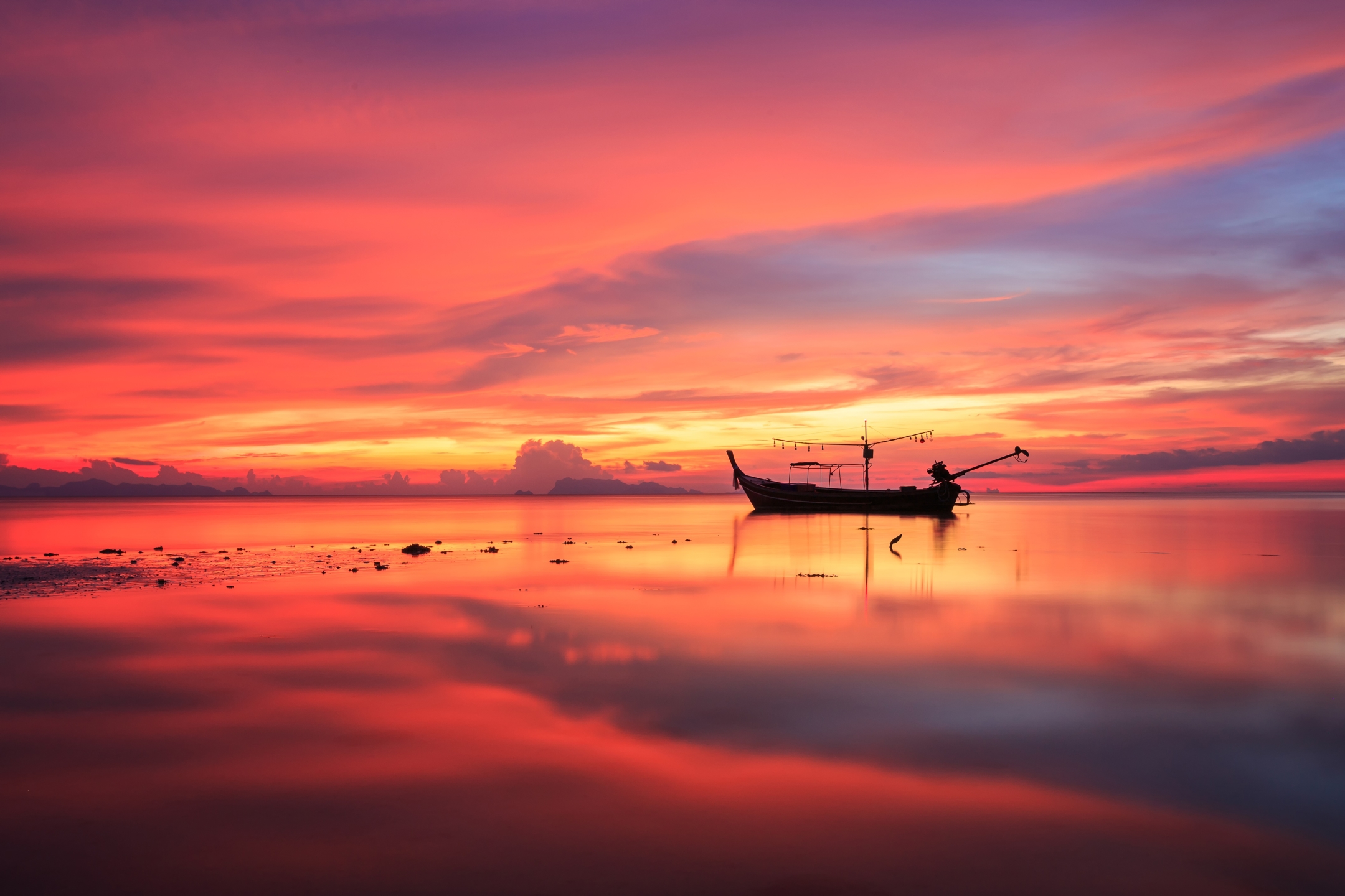 fishing, fishing boat, vehicles, boat, reflection, horizon, sunset, sky