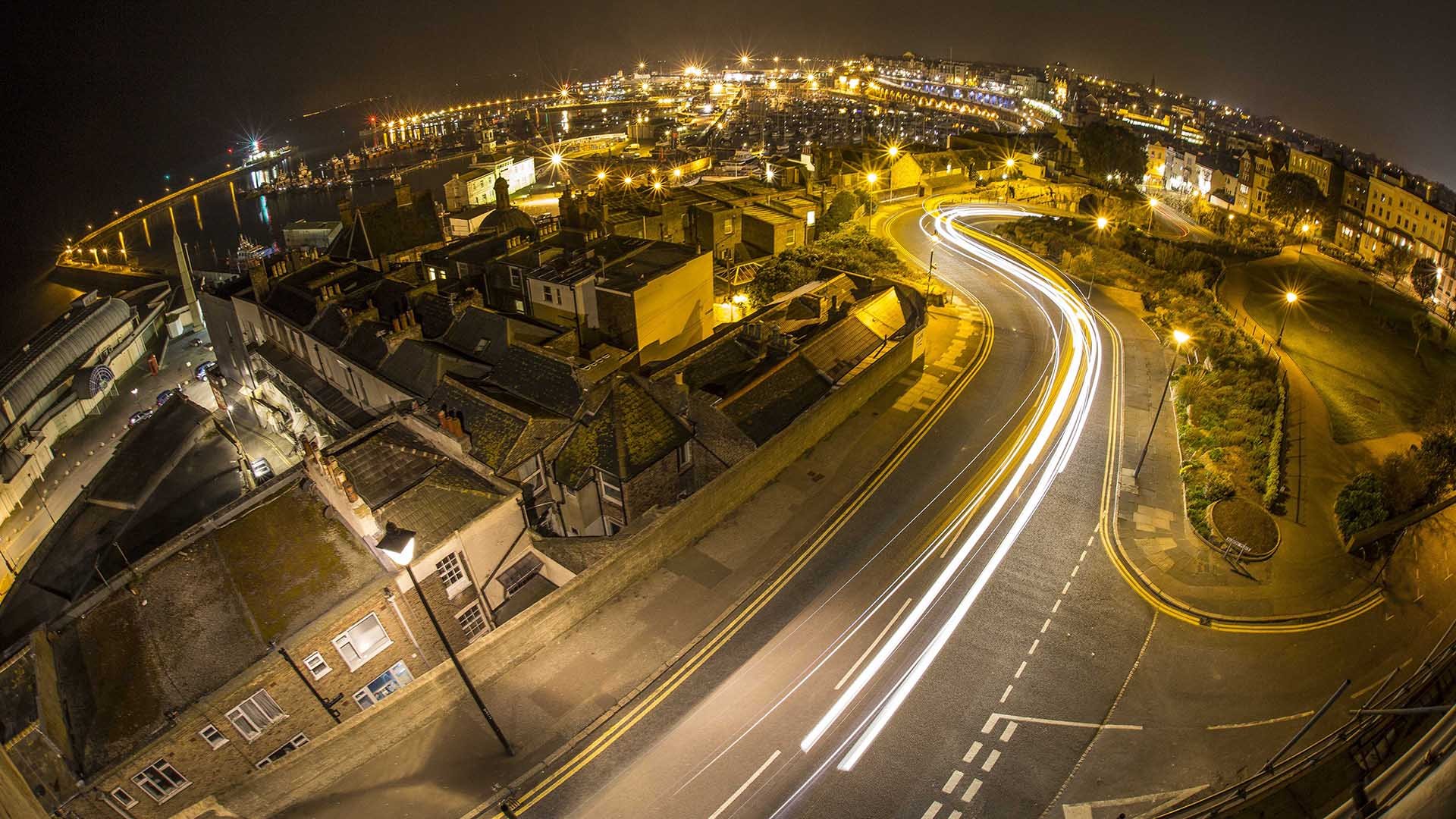 Download mobile wallpaper City, Building, Road, Photography, Time Lapse, Fisheye for free.