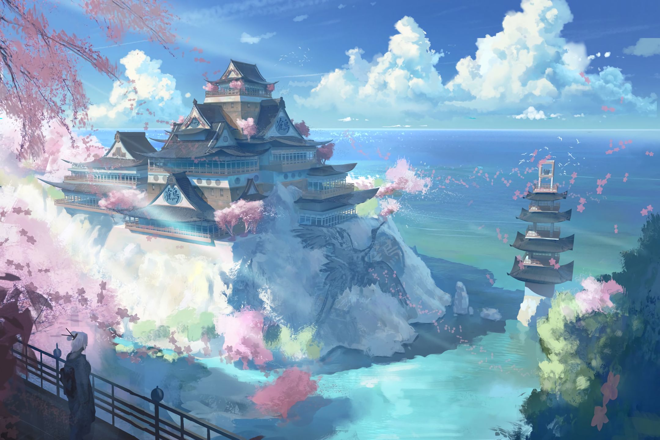 Download mobile wallpaper Anime, Landscape, Water, Sky, Sea, Ocean, Cloud, Original, Castle for free.