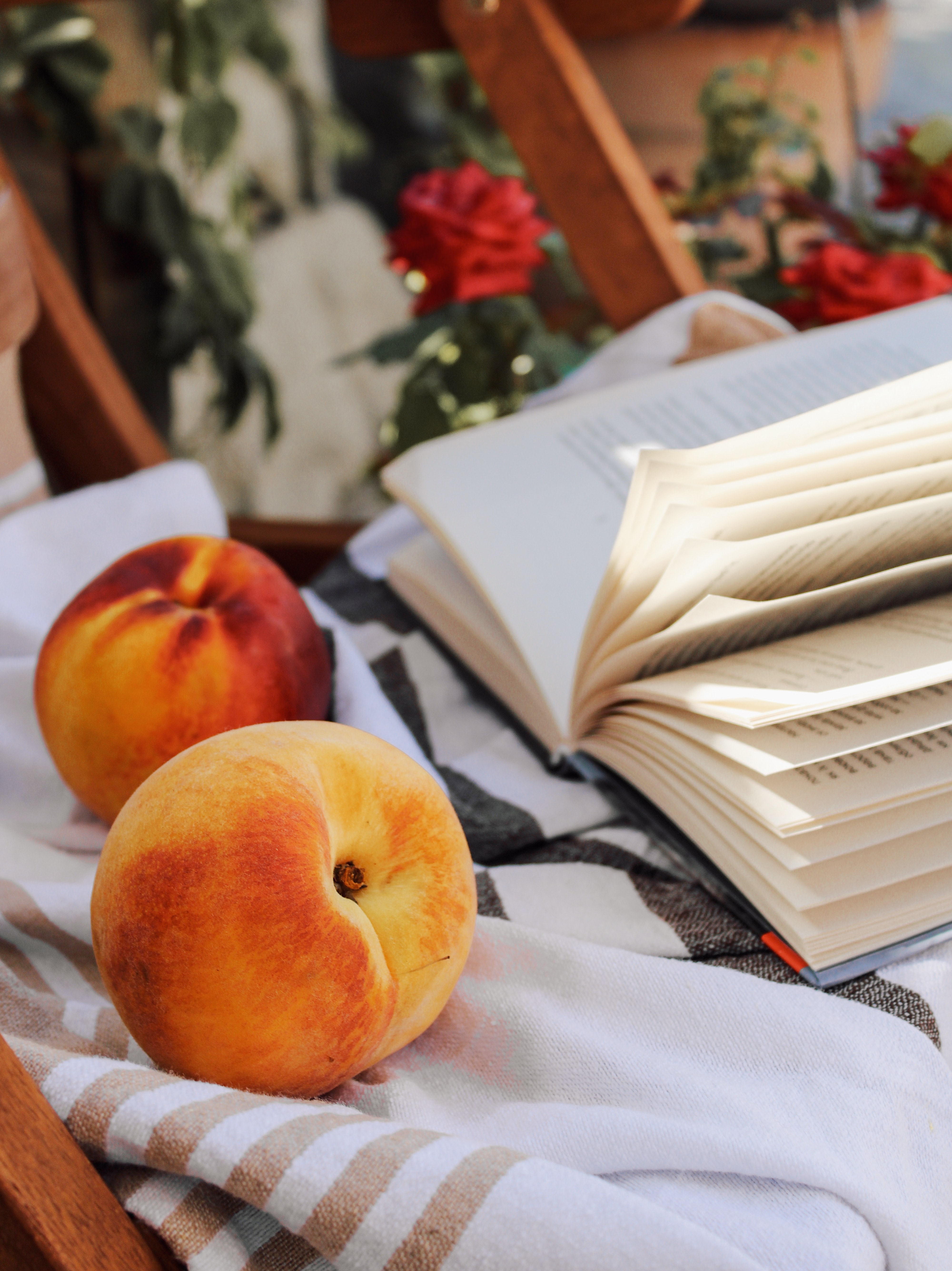 83156 скачать картинку книга, еда, ткань, фрукт, персик, страницы - обои и заставки бесплатно