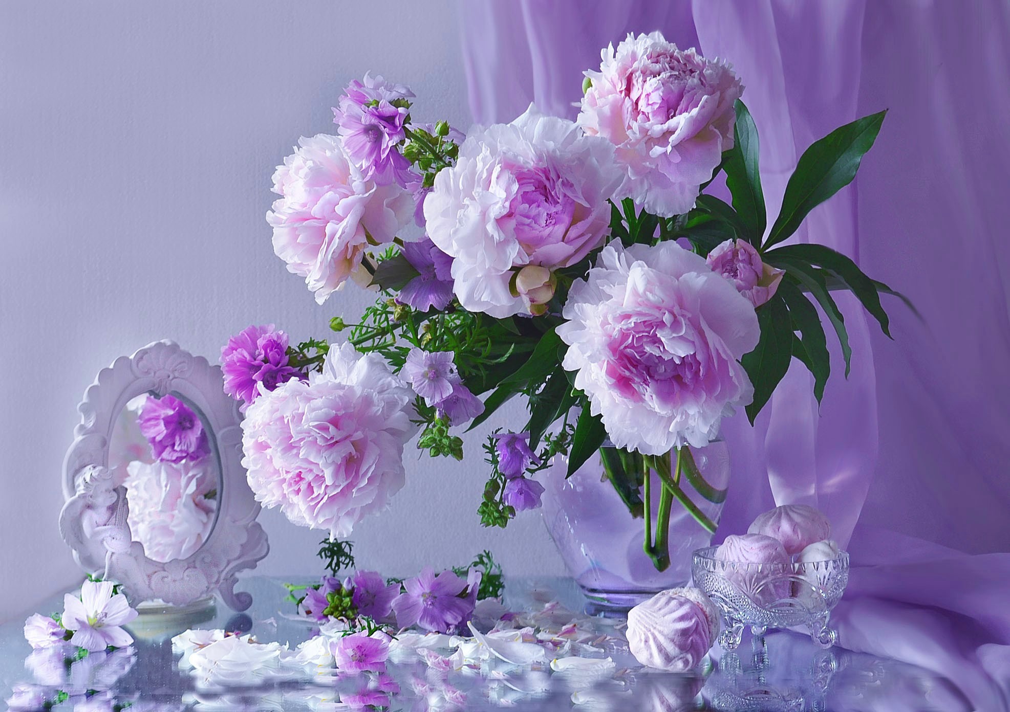 Free download wallpaper Still Life, Rose, Vase, Mirror, Photography, Scarf, Pink Flower on your PC desktop