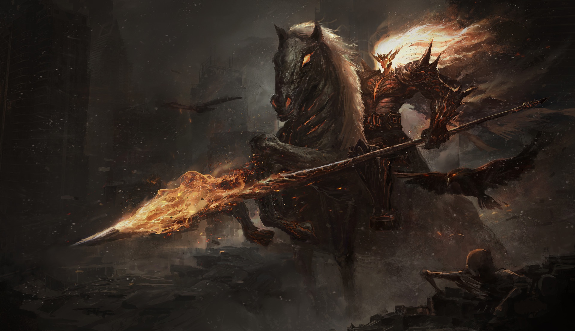 Free download wallpaper Dark, Warrior, Horse, Crow, Skeleton, Spear on your PC desktop