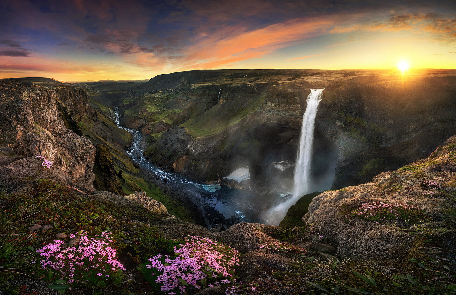 Free download wallpaper Landscape, Canyon, Waterfalls, Waterfall, Sunrise, Earth, Cliff, River on your PC desktop