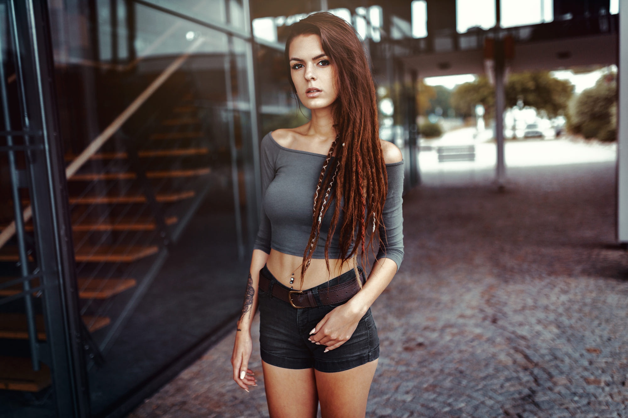 Download mobile wallpaper Redhead, Model, Women, Shorts, Brown Eyes, Depth Of Field for free.