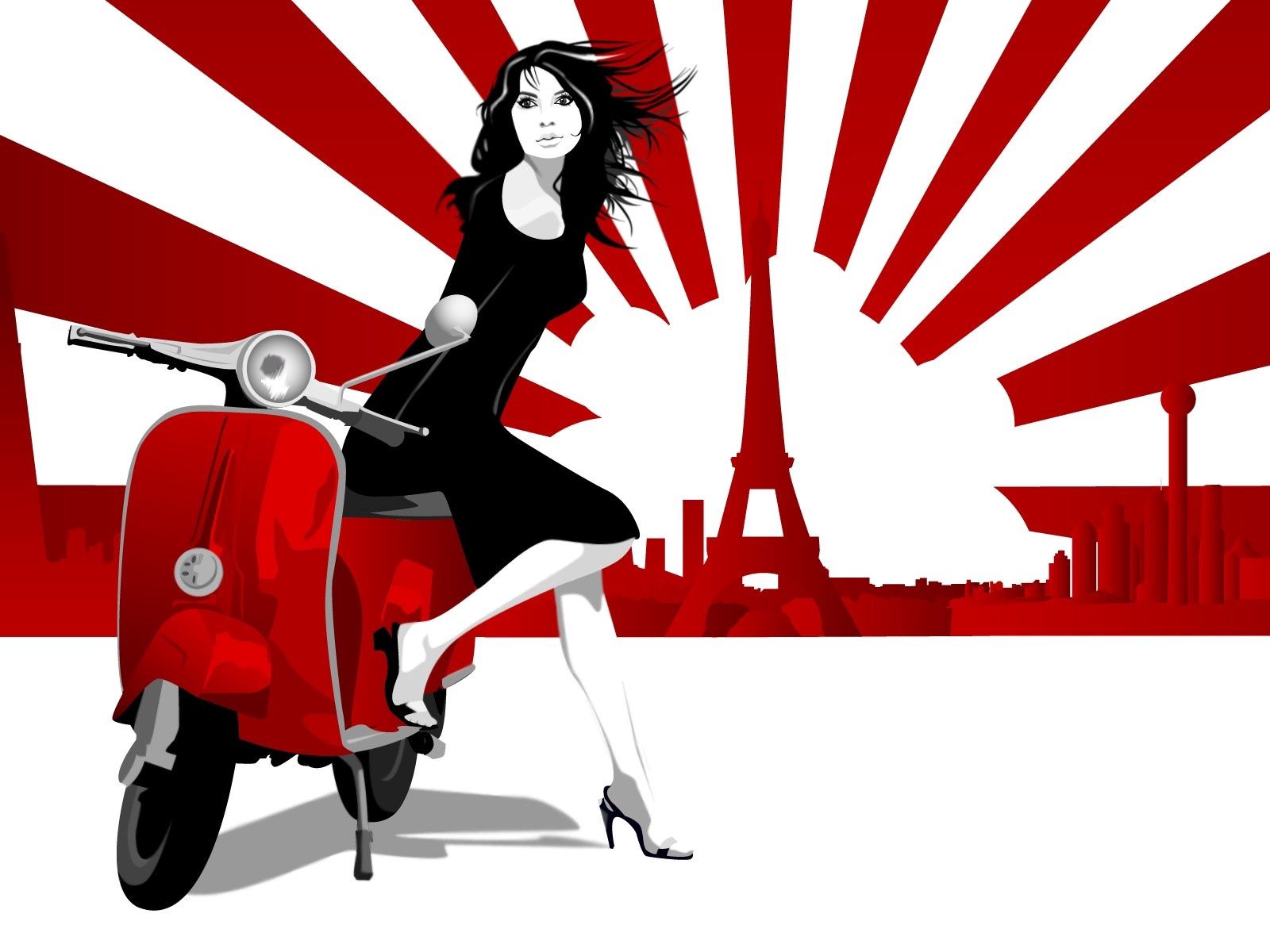Download mobile wallpaper Stroll, Scooter, Lines, Eiffel Tower, Paris, Girl, Vector for free.