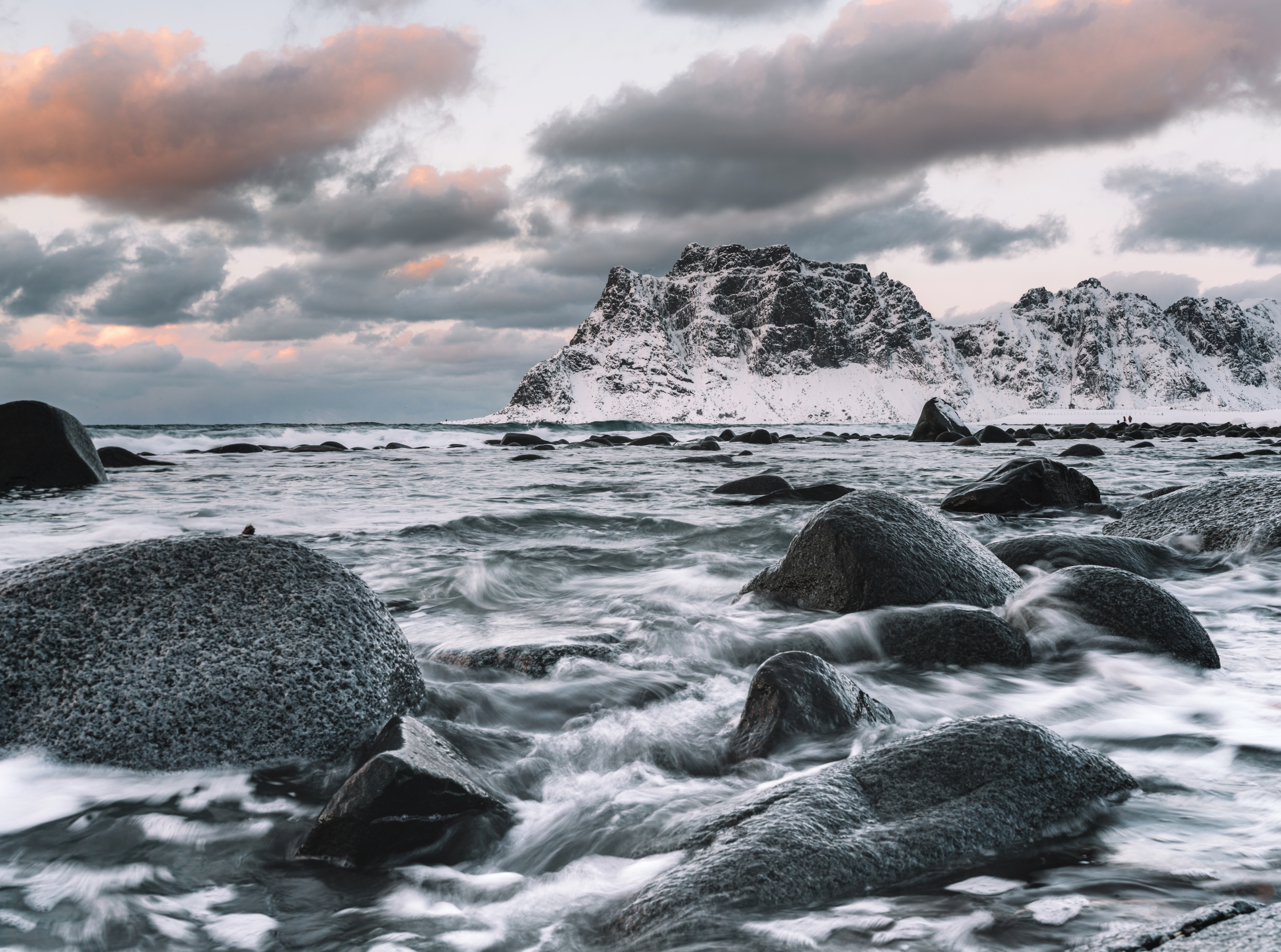 Download mobile wallpaper Snow, Rock, Bank, Shore, Stones, Waves, Nature for free.