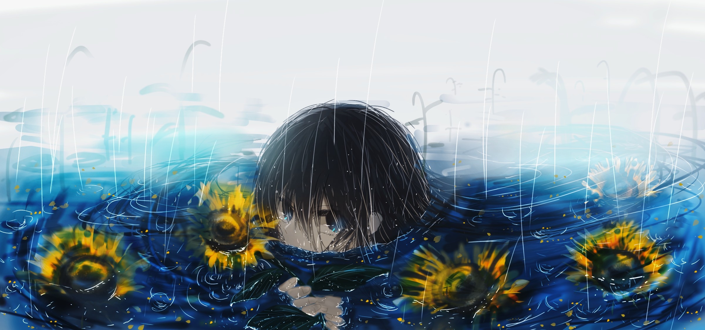 Laden Sie das Regen, Sonnenblume, Blaue Augen, Original, Animes, Schwarzes Haar, Lange Haare-Bild kostenlos auf Ihren PC-Desktop herunter