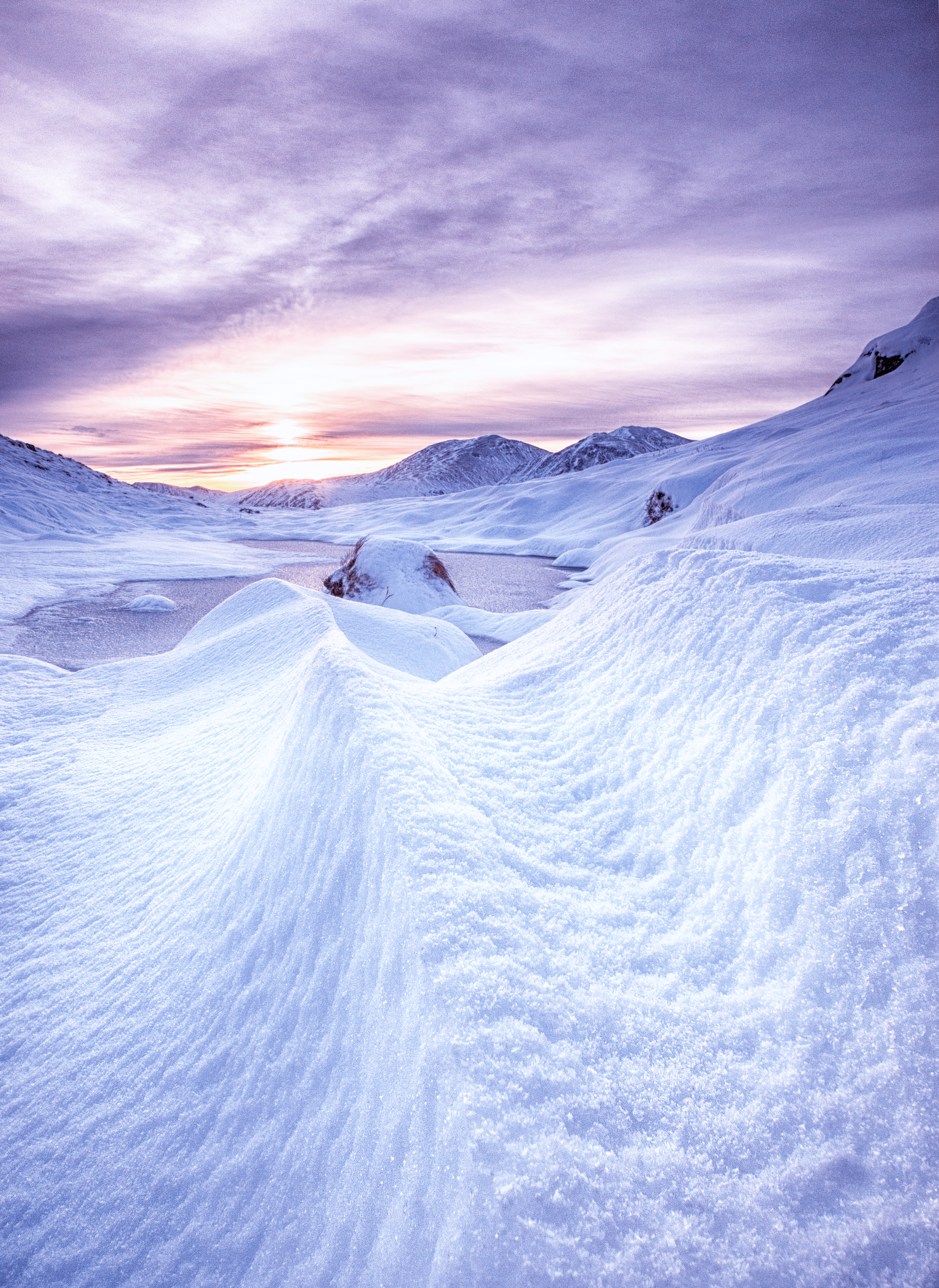 Download mobile wallpaper Snow, Nature, Mountains, Dawn, Scotland for free.