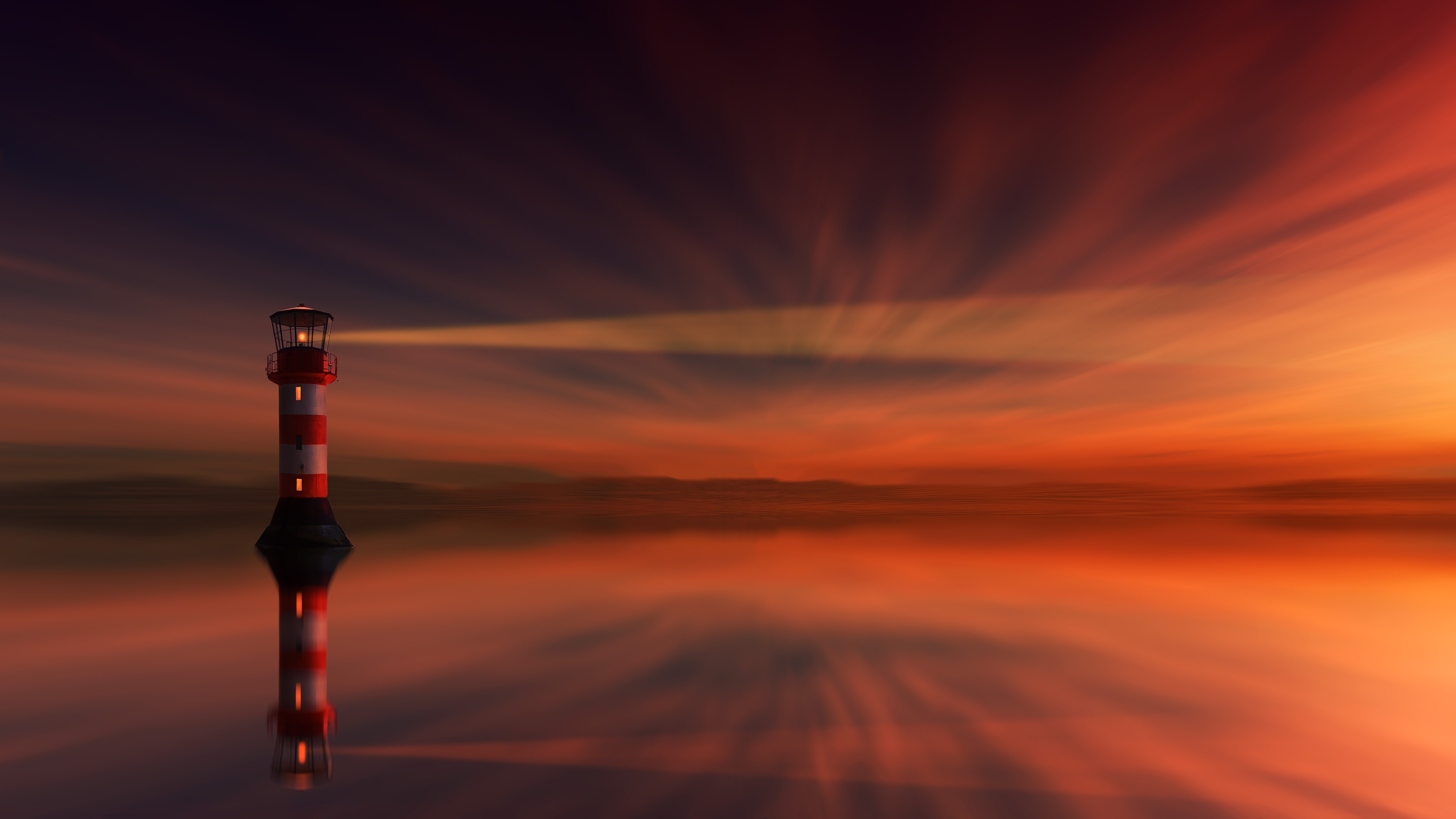 Download mobile wallpaper Sunset, Reflection, Light, Lighthouse, Man Made for free.