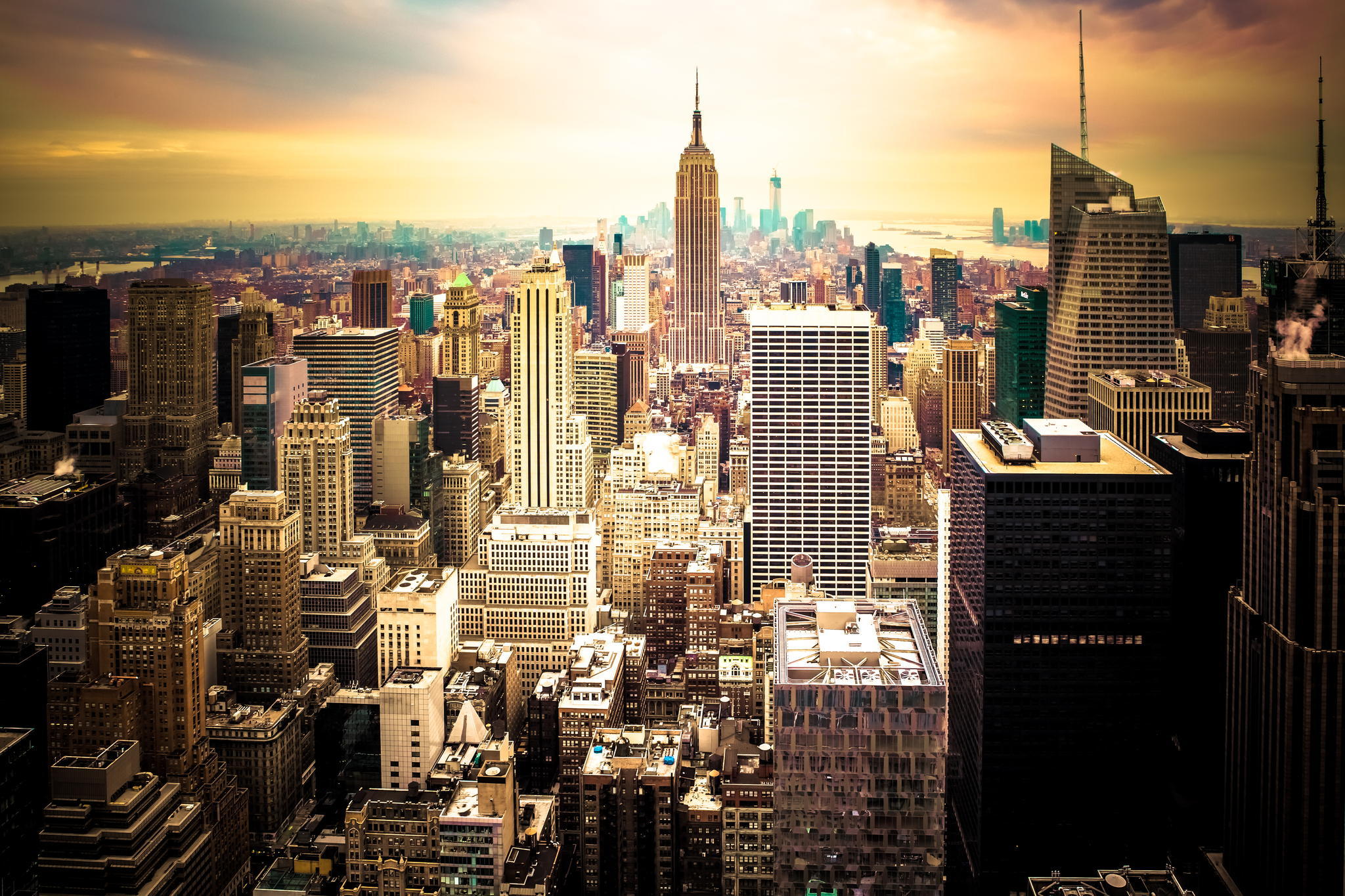 PCデスクトップに都市, 日没, 街, 超高層ビル, 建物, ニューヨーク, アメリカ合衆国, マンメイド, 街並み画像を無料でダウンロード