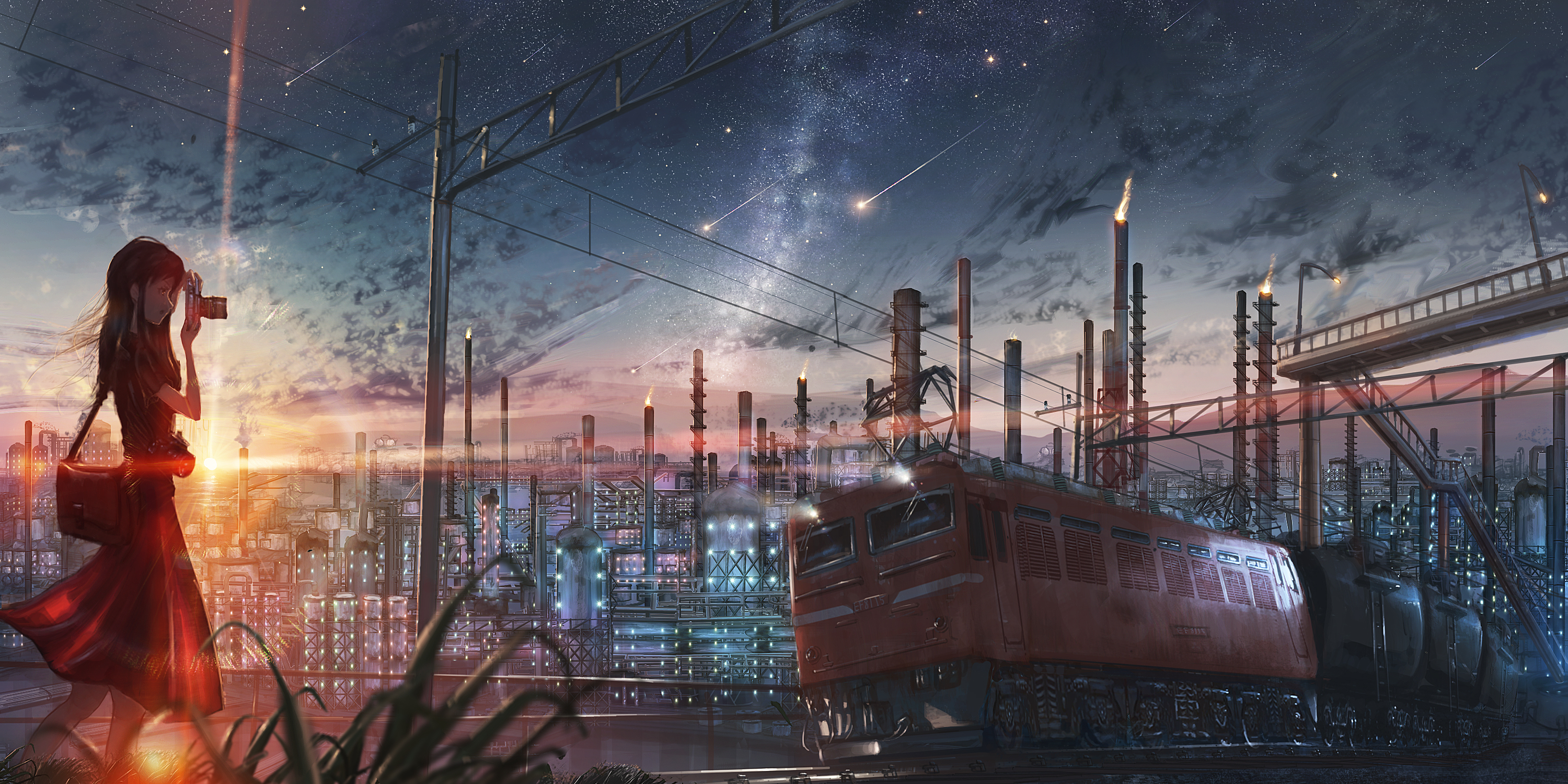 Download mobile wallpaper Anime, Sunset, Starry Sky, Camera, Train, Factory, Shooting Star for free.