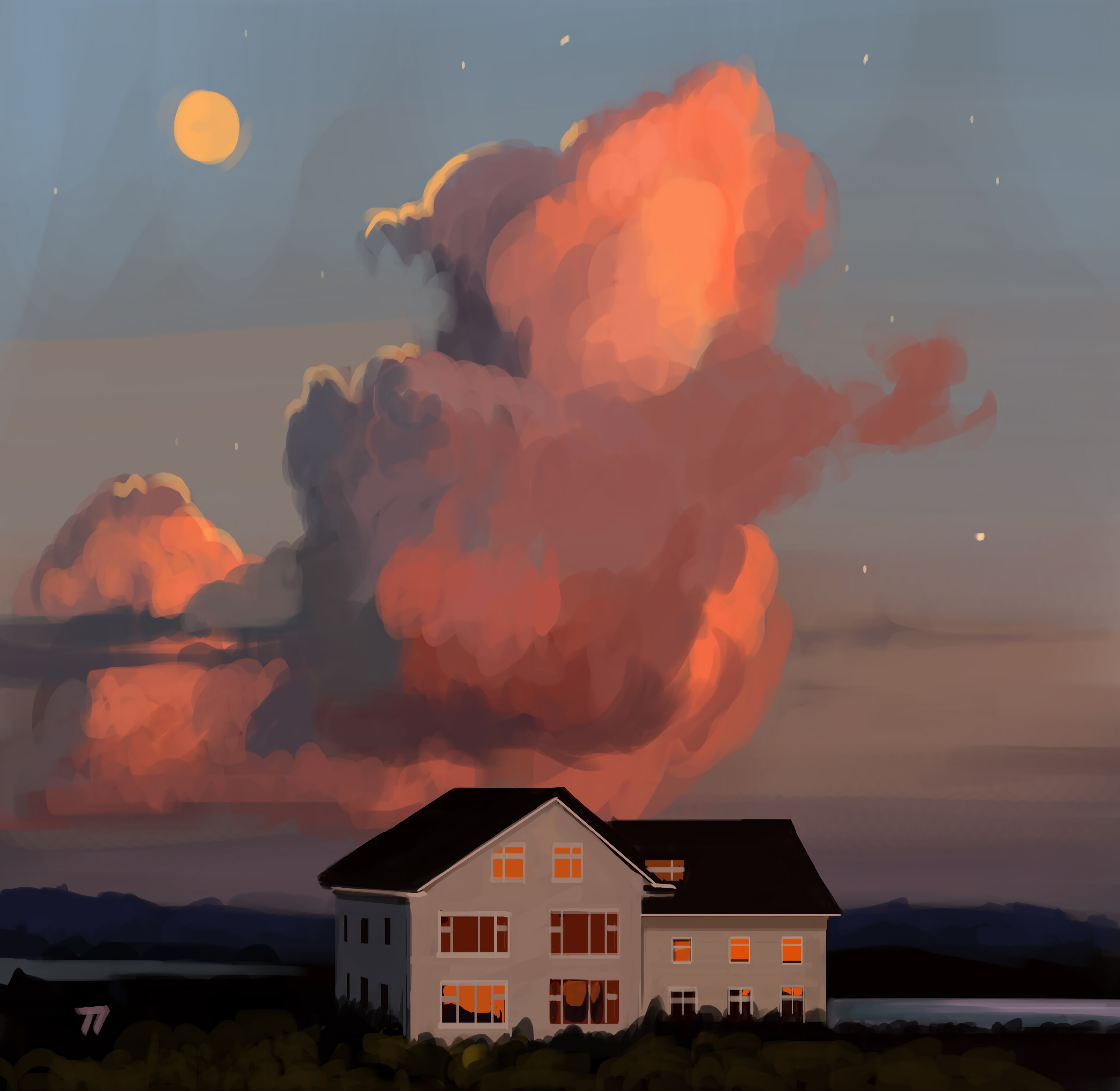 house, art, windows, sky