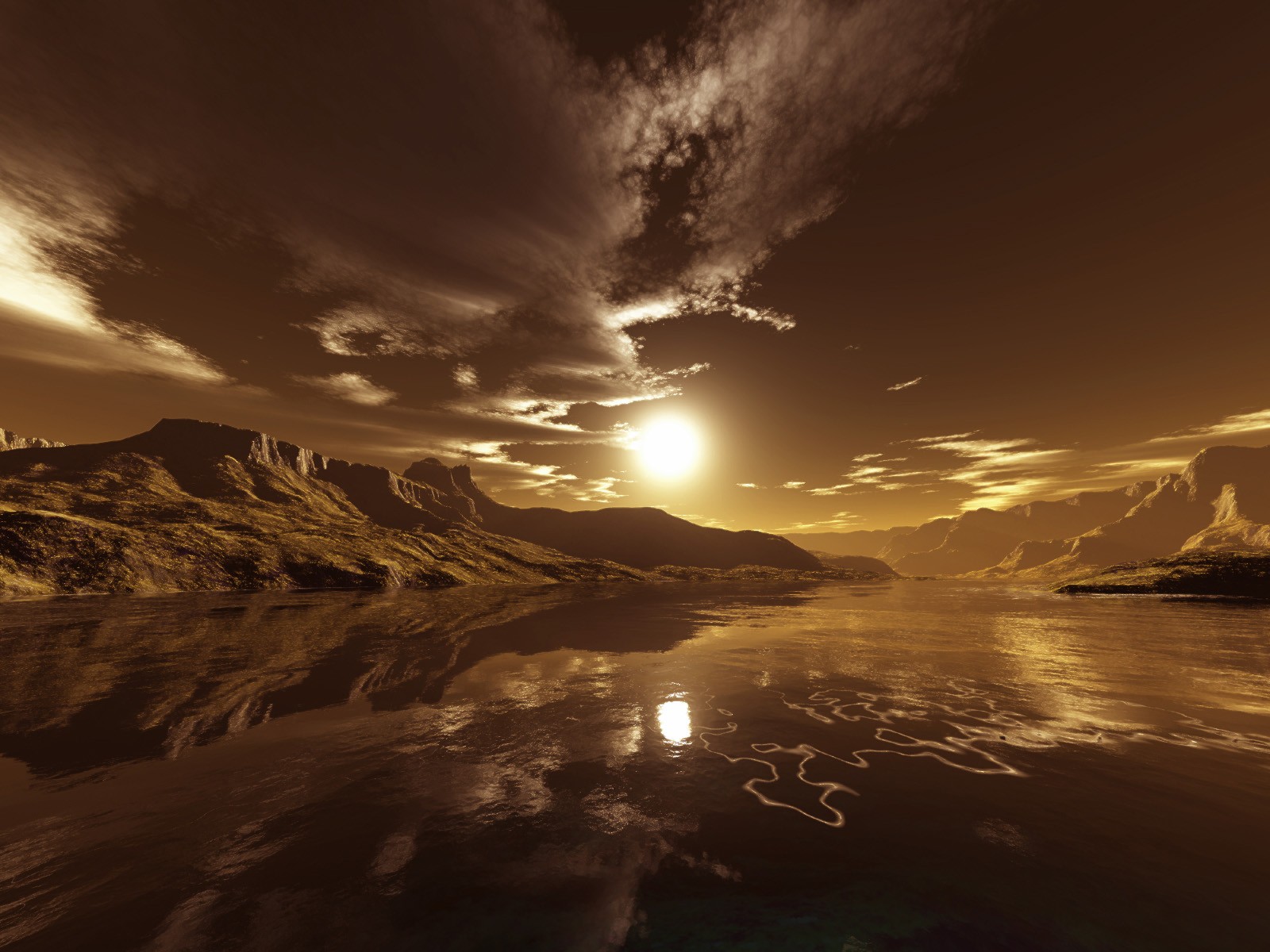 Laden Sie das Landschaft, Wasser, 3D, Sonnenuntergang, Künstlerisch, Spiegelung-Bild kostenlos auf Ihren PC-Desktop herunter