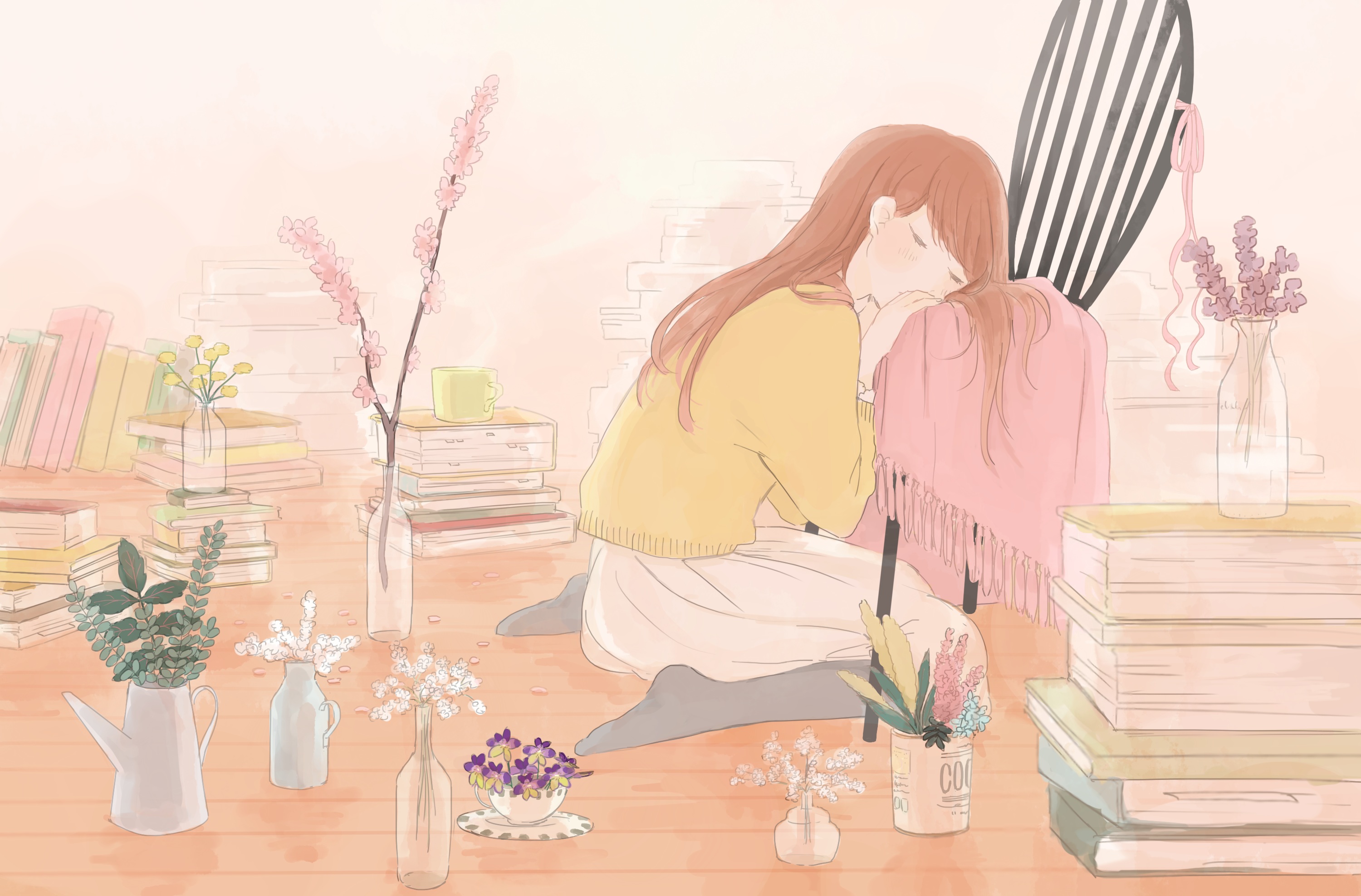 Free download wallpaper Anime, Plant, Chair, Vase, Book, Skirt, Original, Long Hair, Brown Hair on your PC desktop