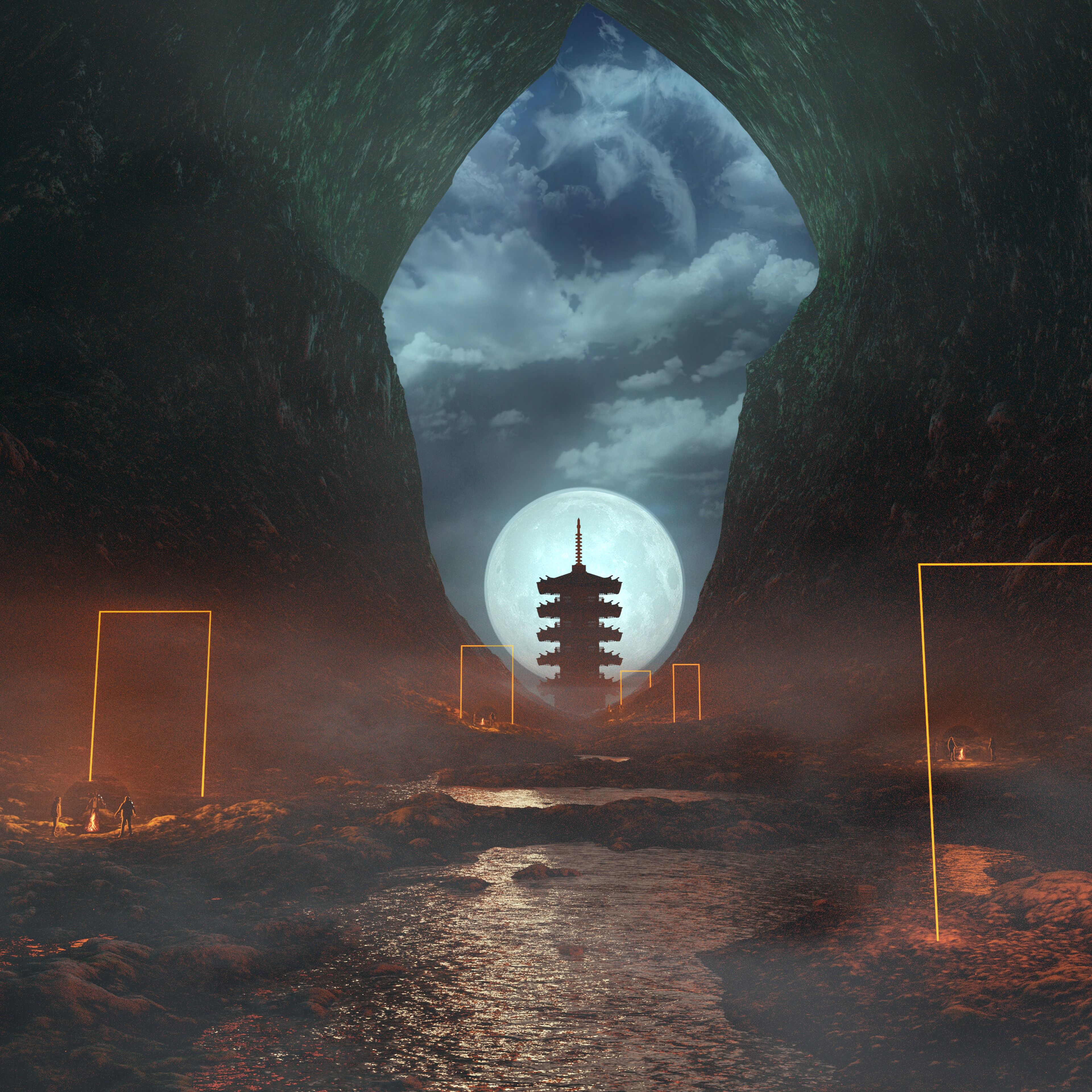 Download mobile wallpaper Fog, Cave, Pagoda, Night, Art, Moon for free.