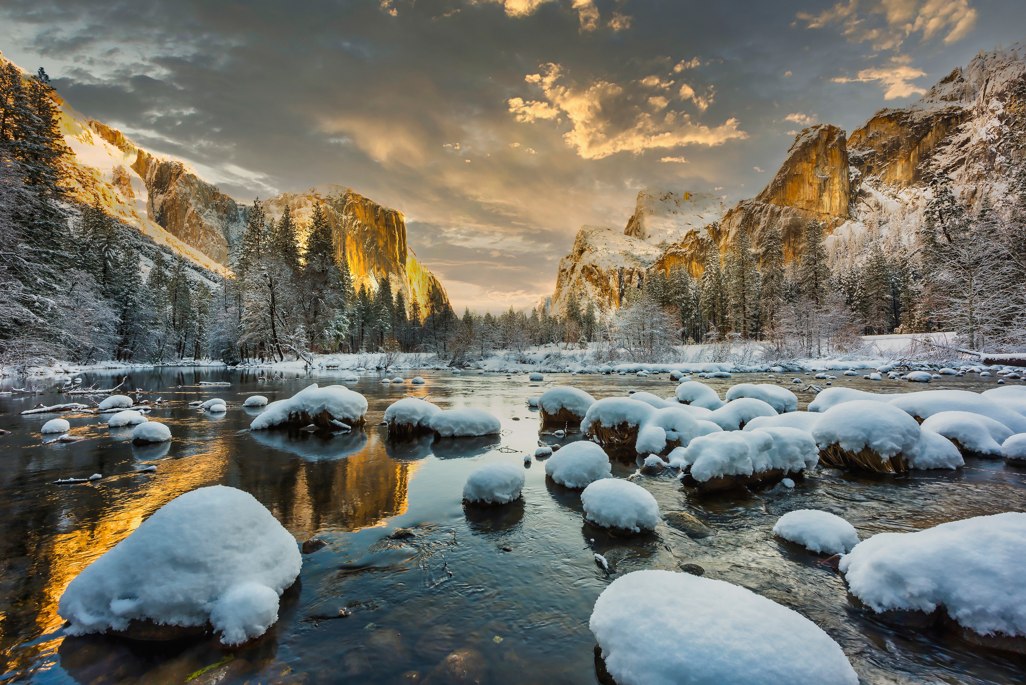Download mobile wallpaper Winter, Nature, Snow, Usa, Mountain, Earth, Stone, National Park, Yosemite National Park for free.