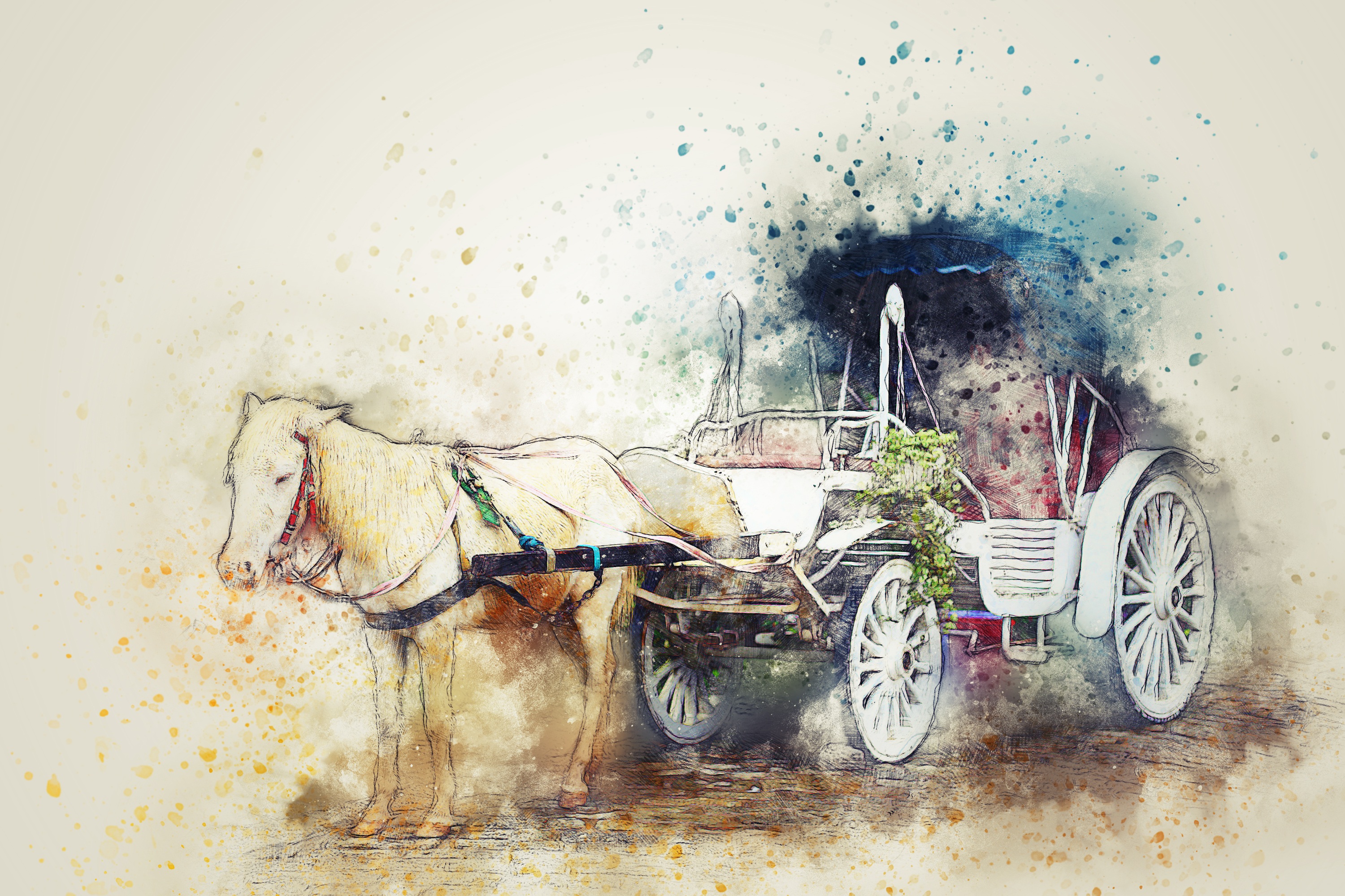 watercolor, vehicles, horse drawn vehicle, carriage, cart, horse