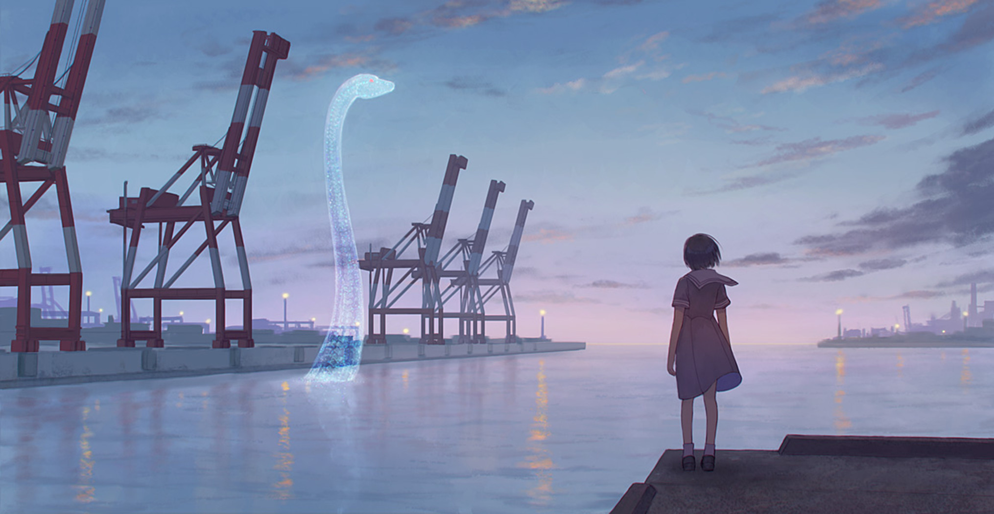 Download mobile wallpaper Anime, Sky, Sea, Evening, Cloud, Dinosaur, Harbor, Original for free.