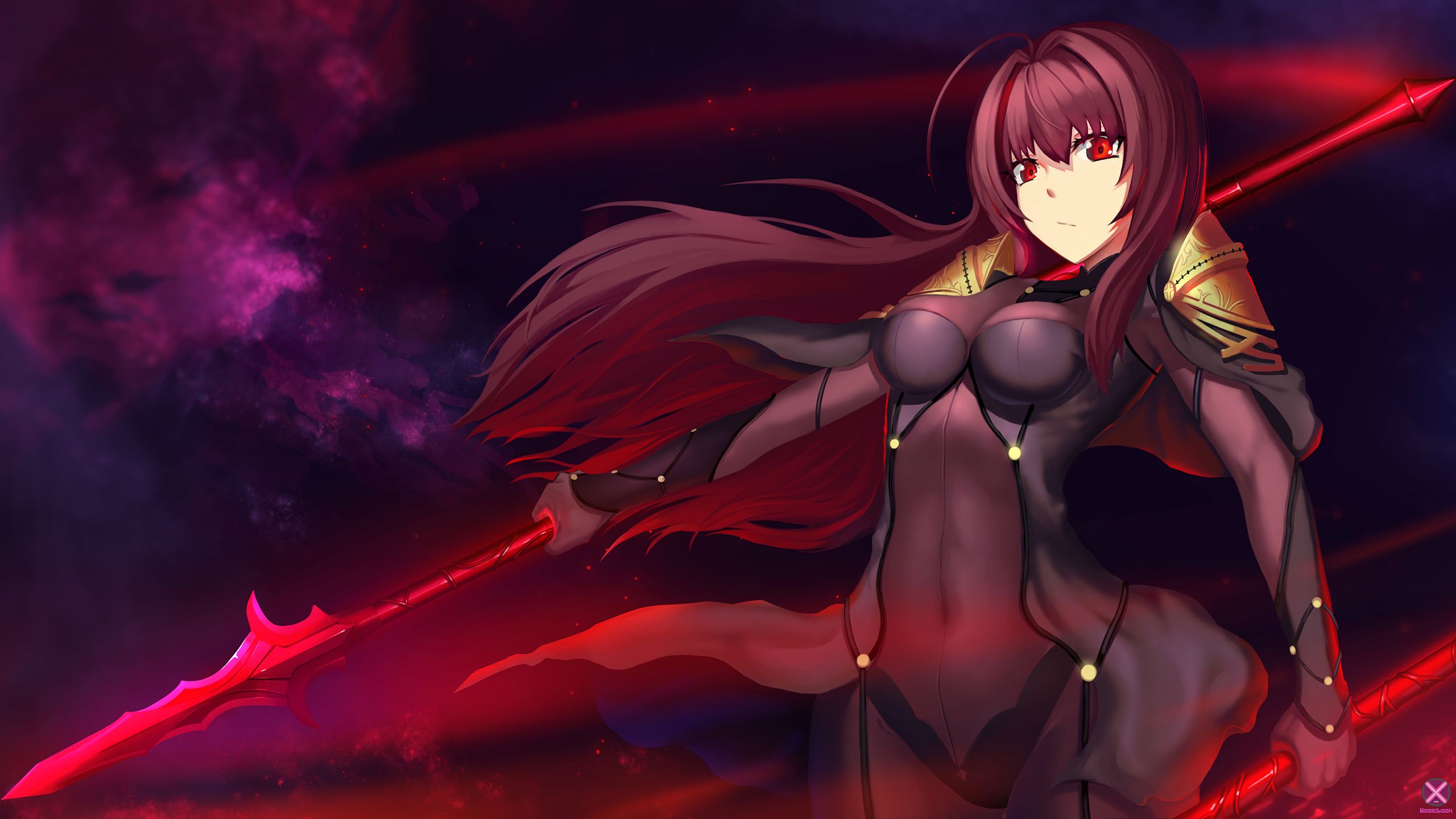 anime, fate/grand order, bodysuit, fate (series), lance, red eyes, scathach (fate/grand order), weapon, fate series