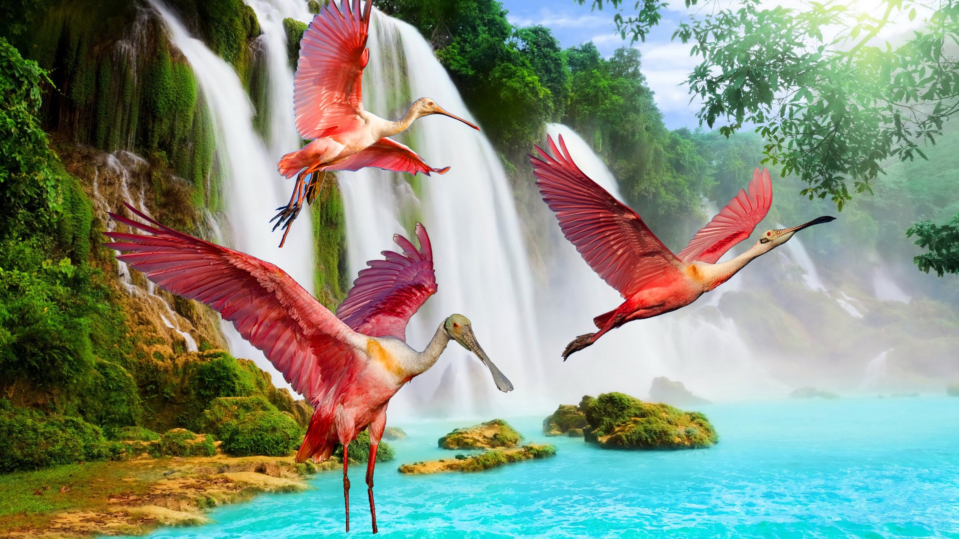 380238 скачать картинку водопад, животные, розовая колпица, птицы, летающий, тропический - обои и заставки бесплатно